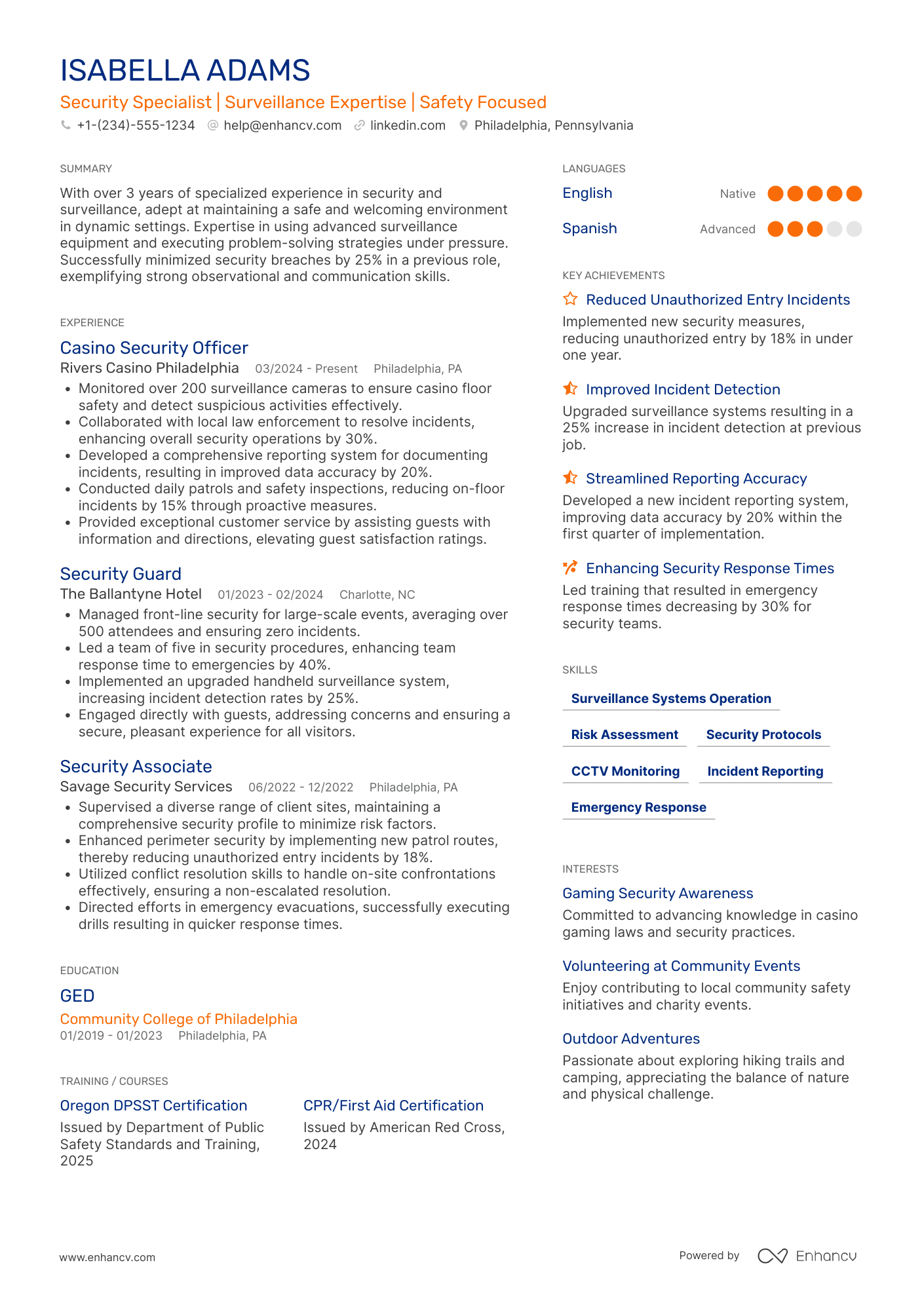 A resume example of a Casino Security Guard