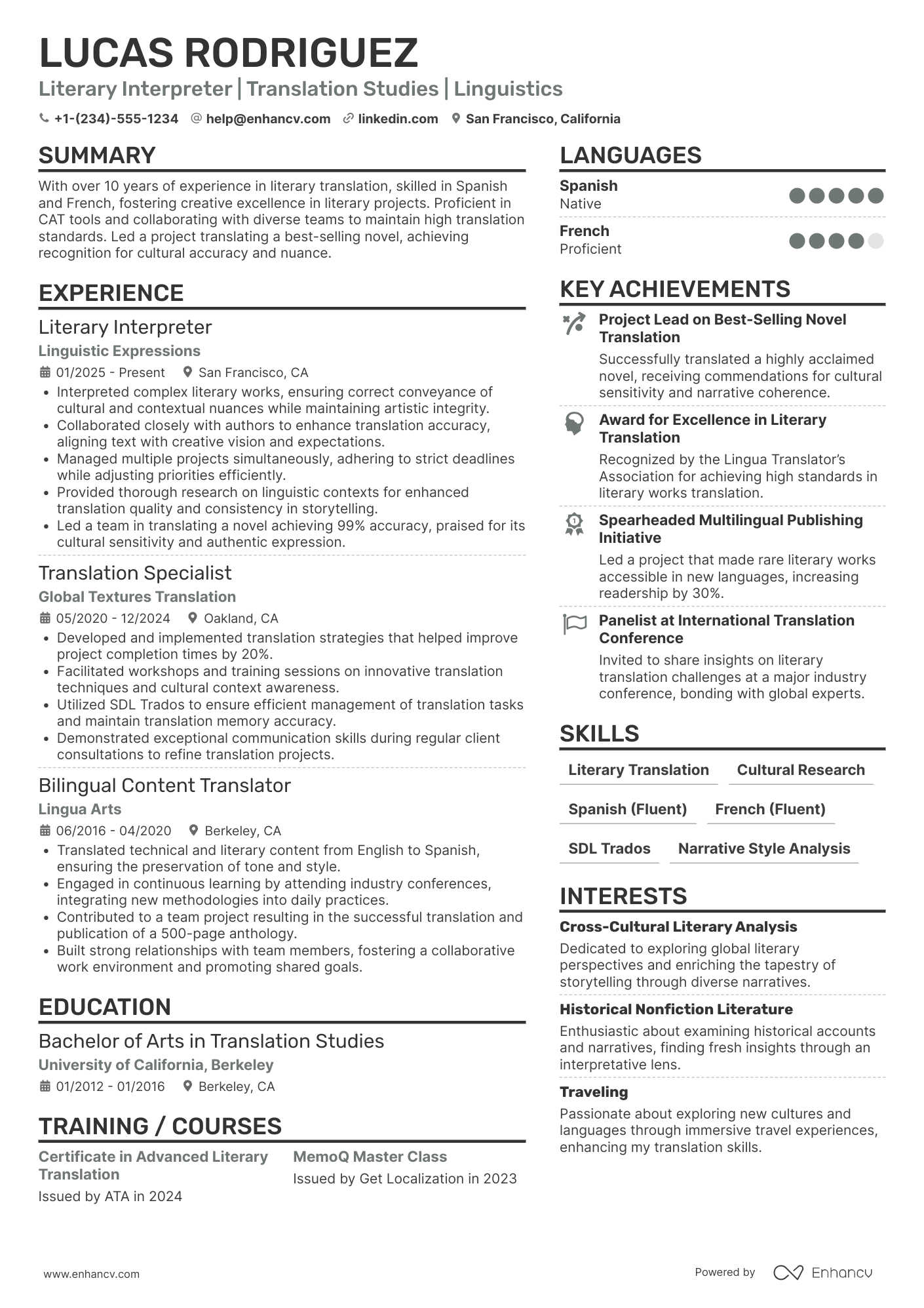 A resume example of a Literary Interpreter