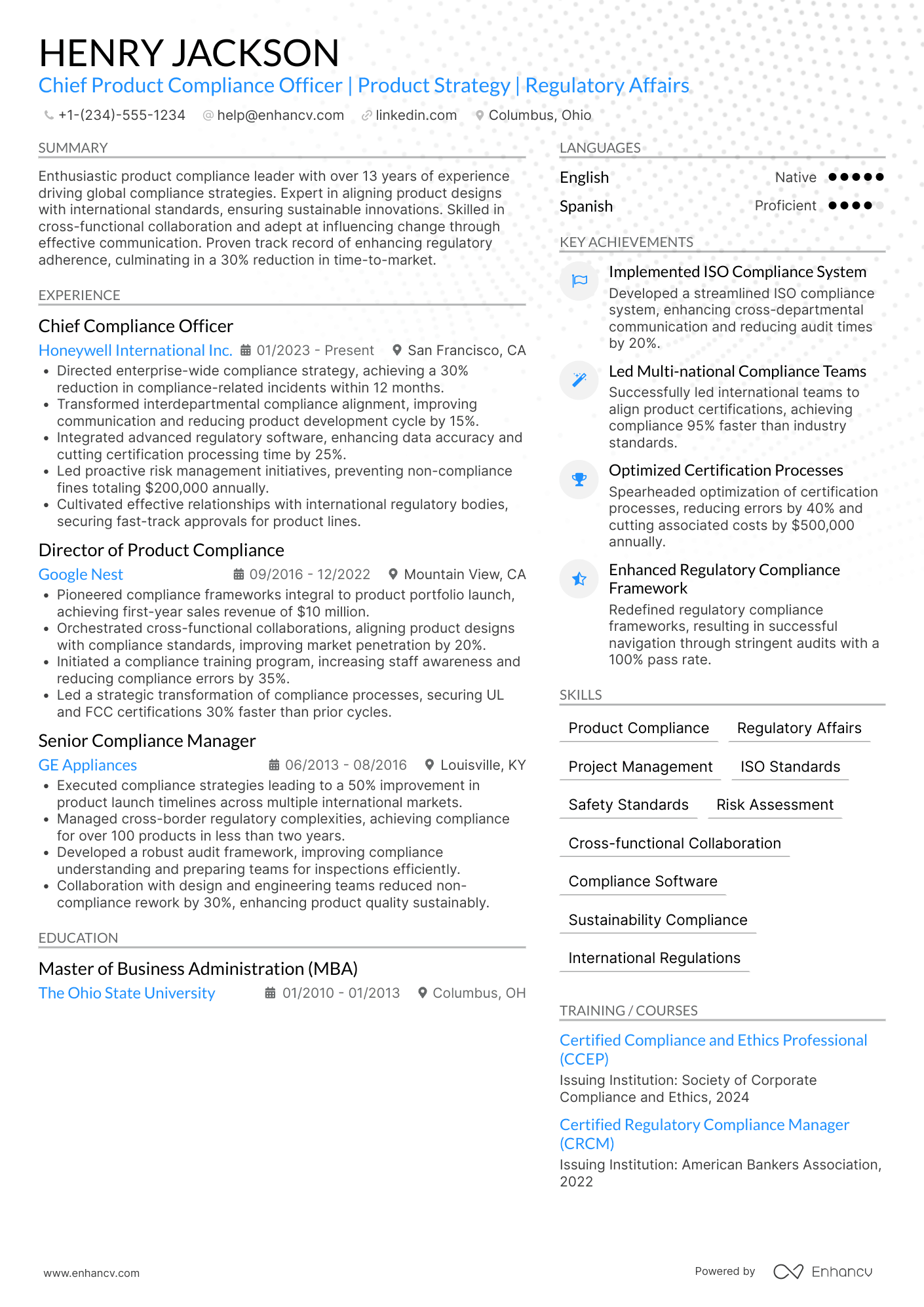 A resume example of a Chief Product Compliance Officer