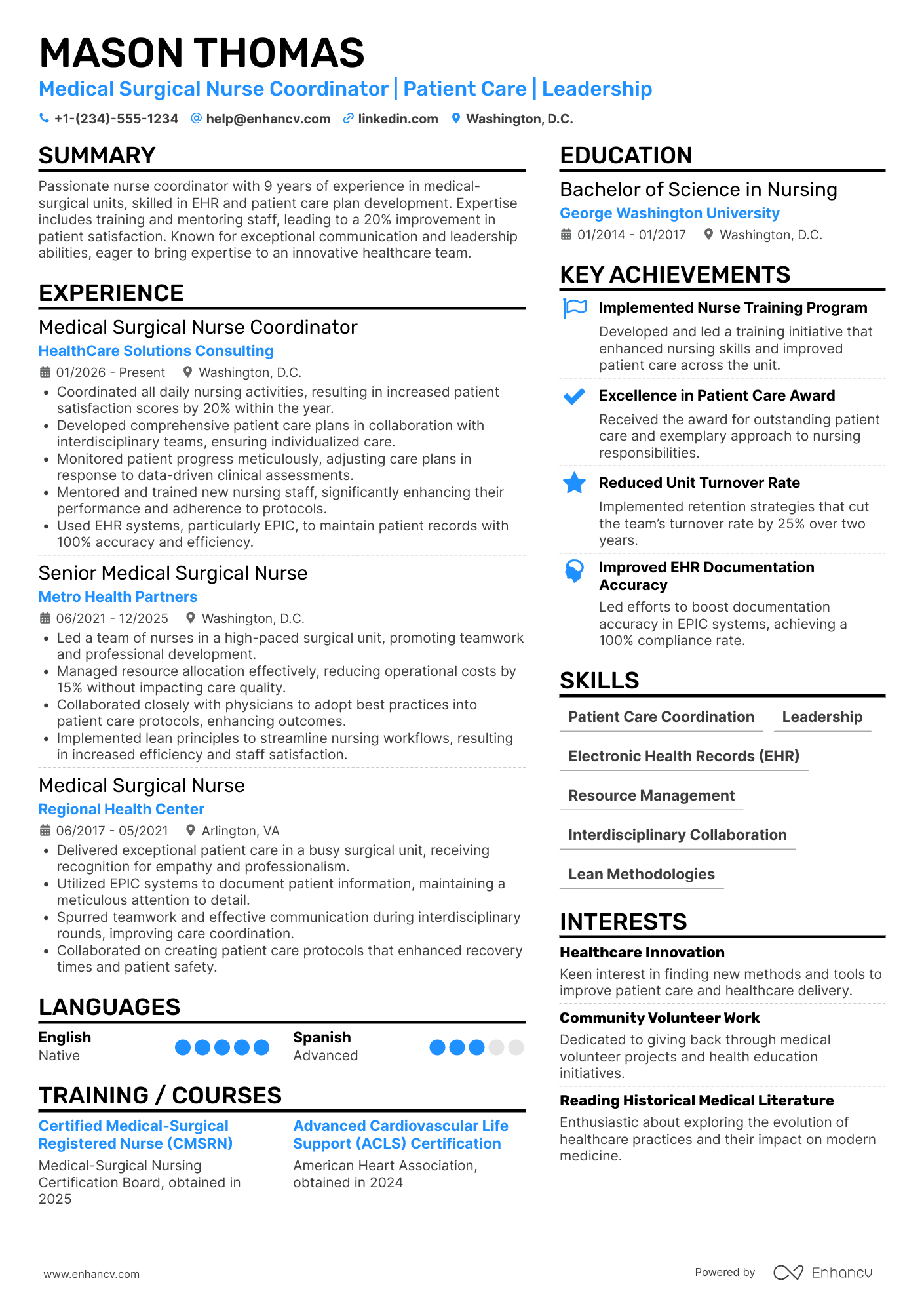A resume example of a Medical Surgical Nurse Coordinator