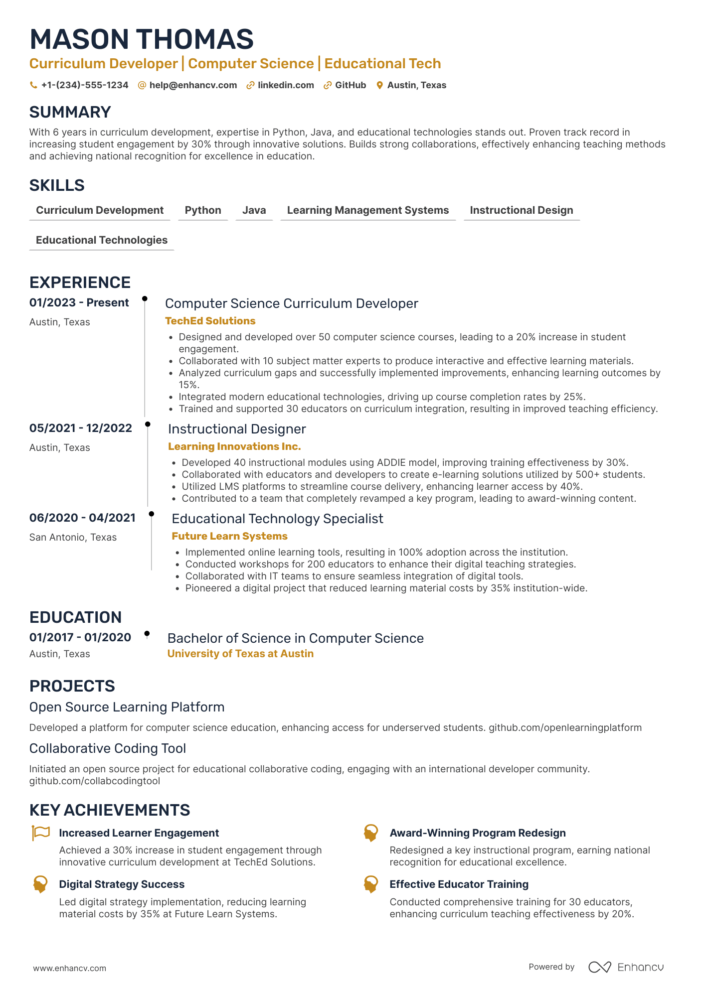 A resume example of a Computer Science Curriculum Developer
