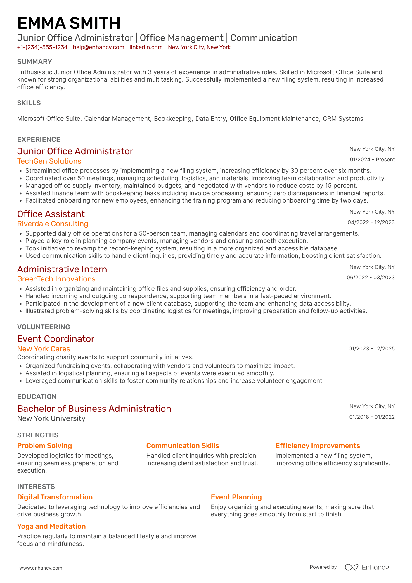 A resume example of a Junior Office Administrator