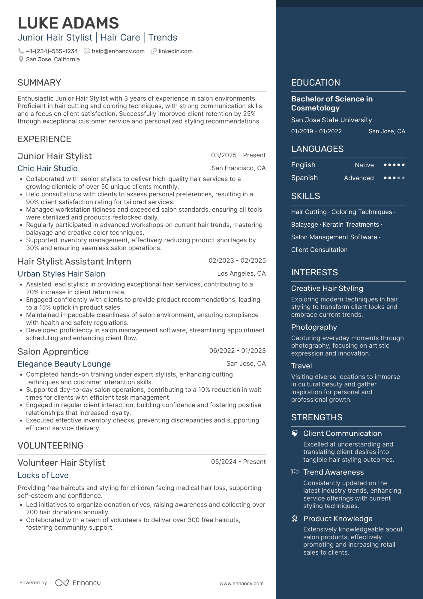 A resume example of a Junior Hair Stylist