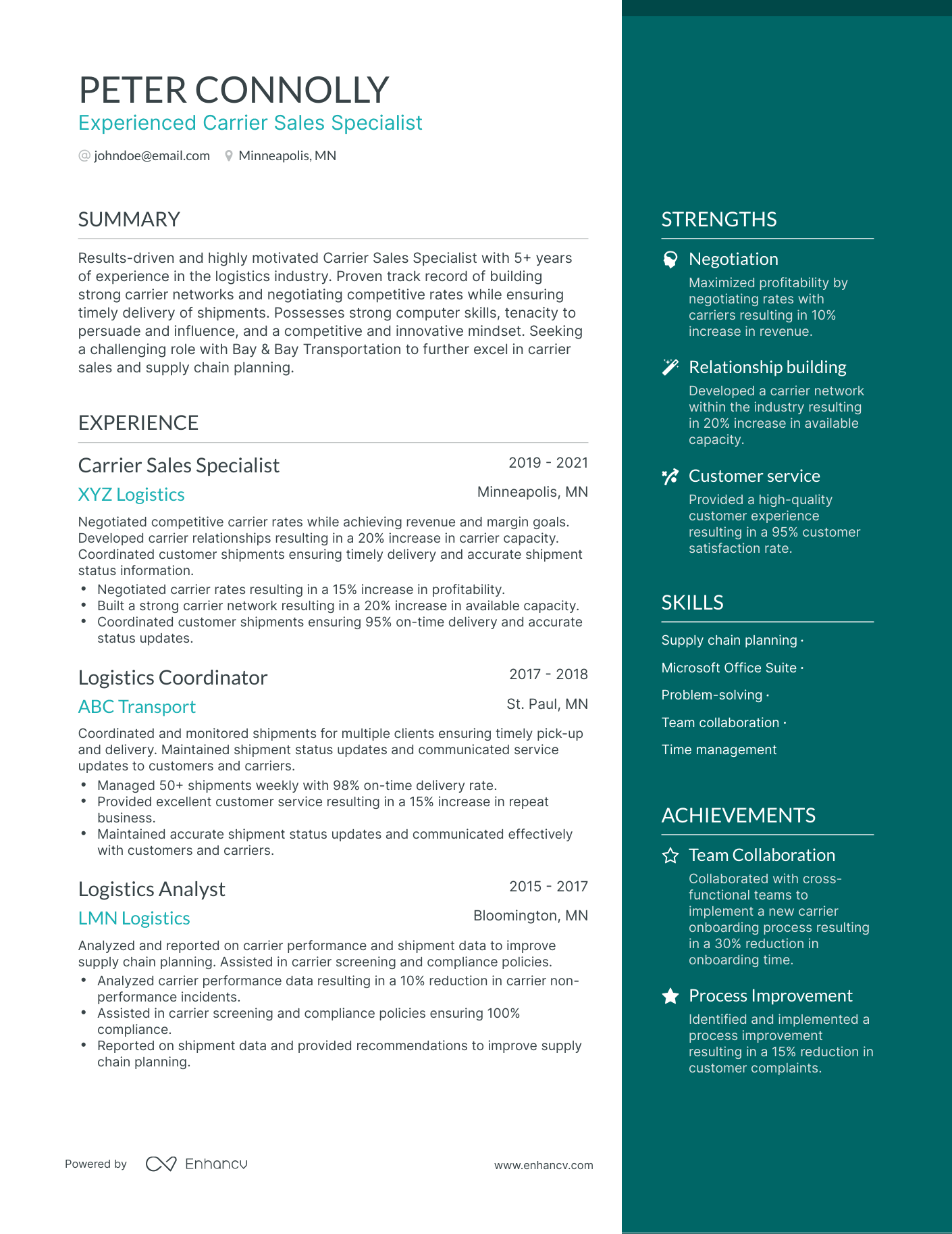 One Page Strong Carrier Sales Resume Template
