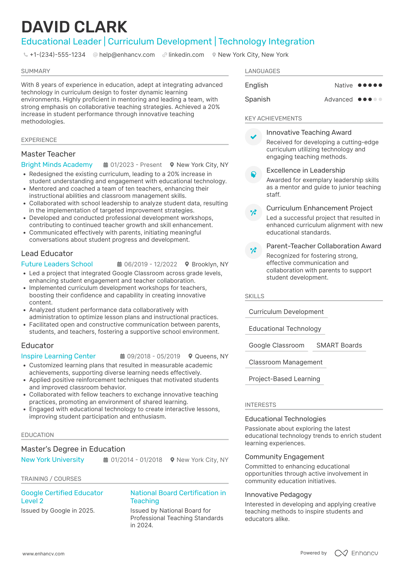 A resume example of a Master Teacher