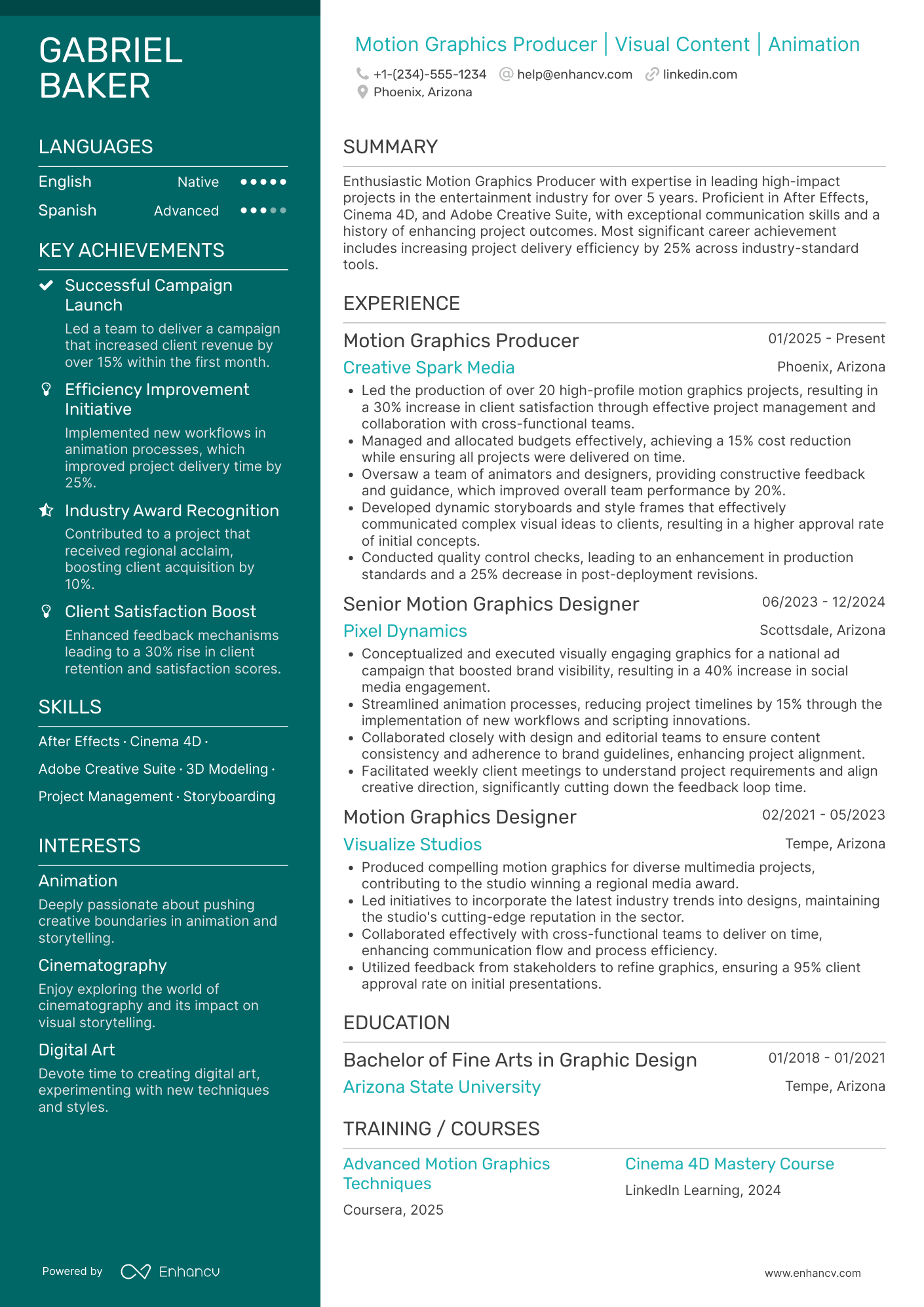 A resume example of a Motion Graphics Producer