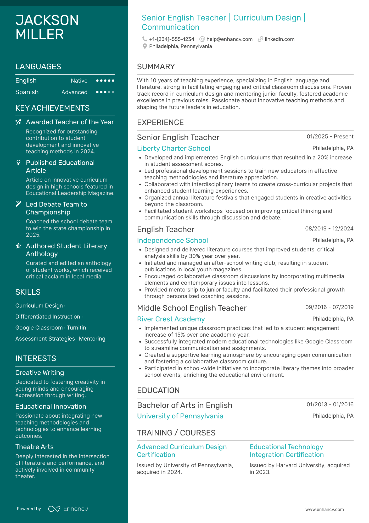 A resume example of a Senior English Teacher