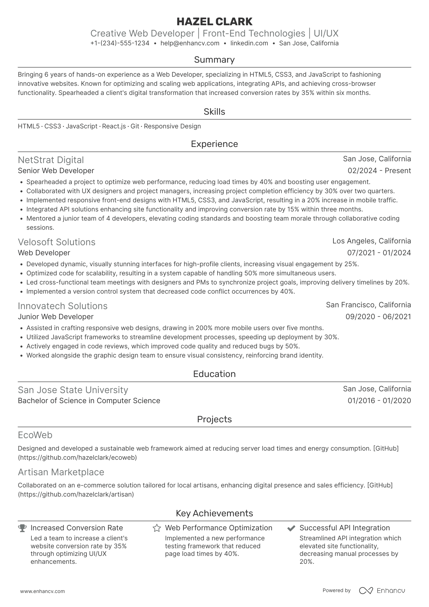 A resume example of a Creative Web Developer