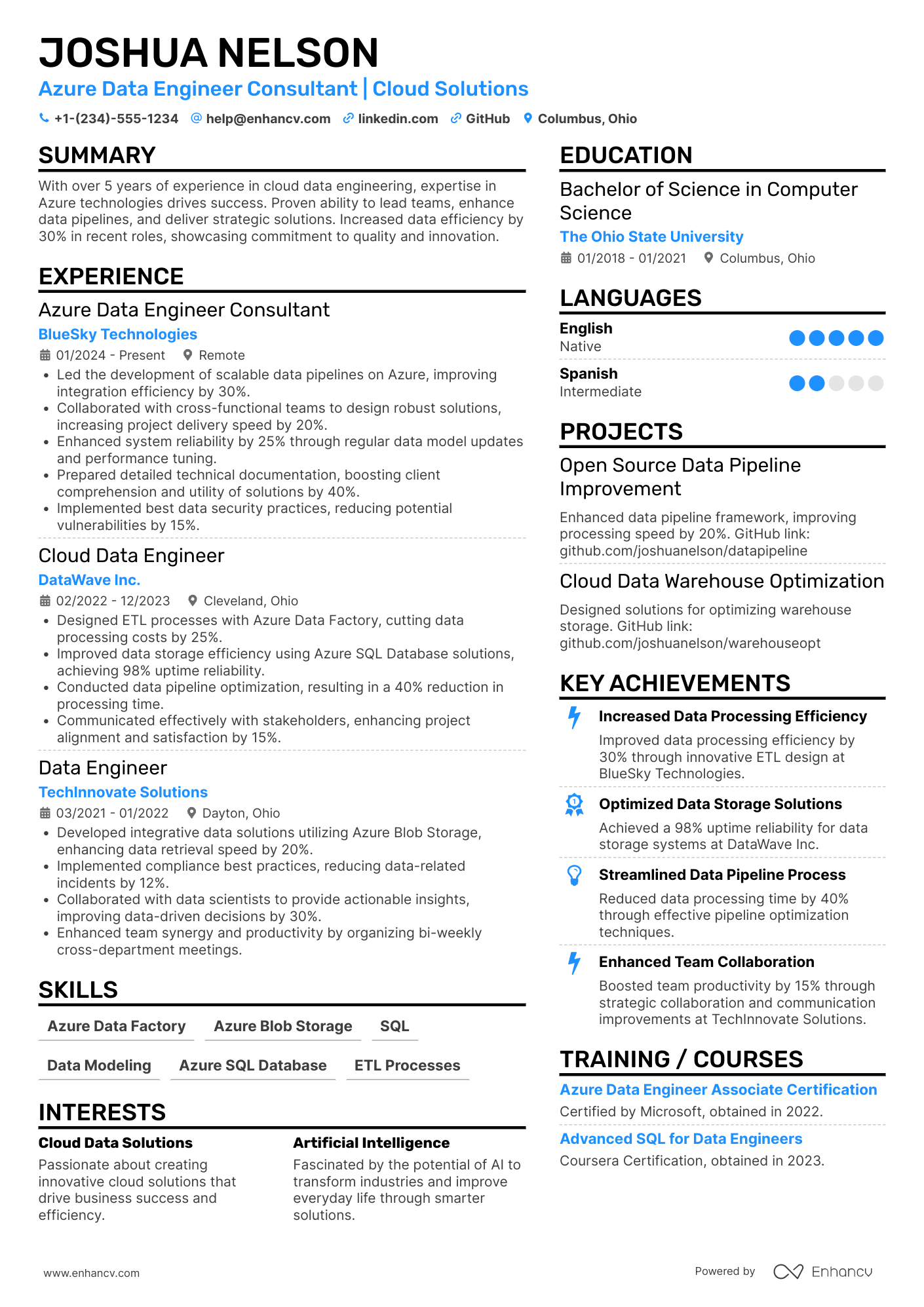 A resume example of a Azure Data Engineer Consultant