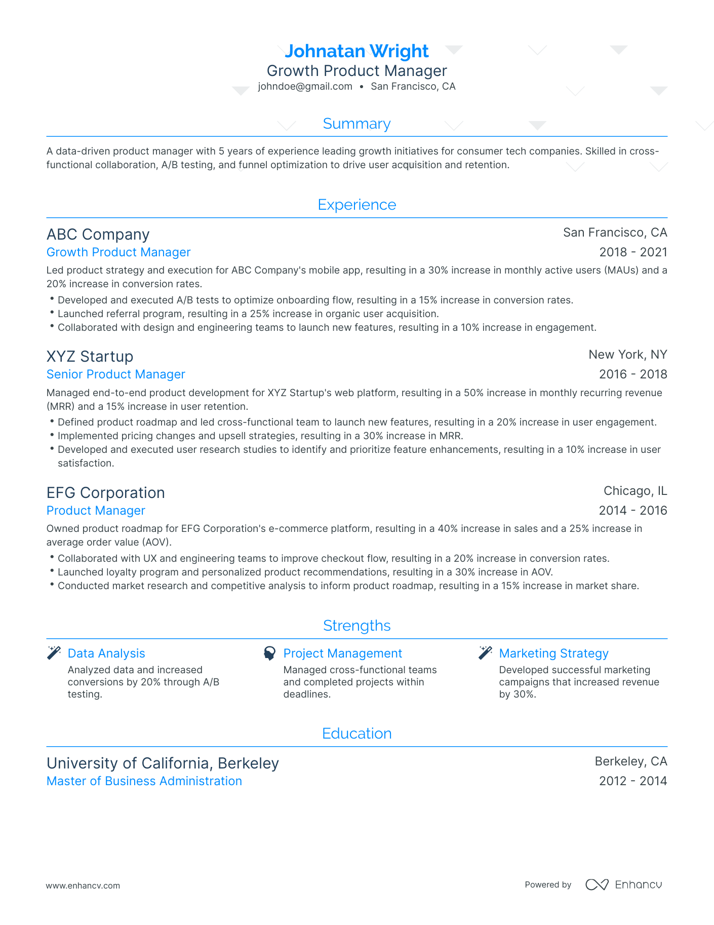 Traditional Growth Product Manager Resume Template