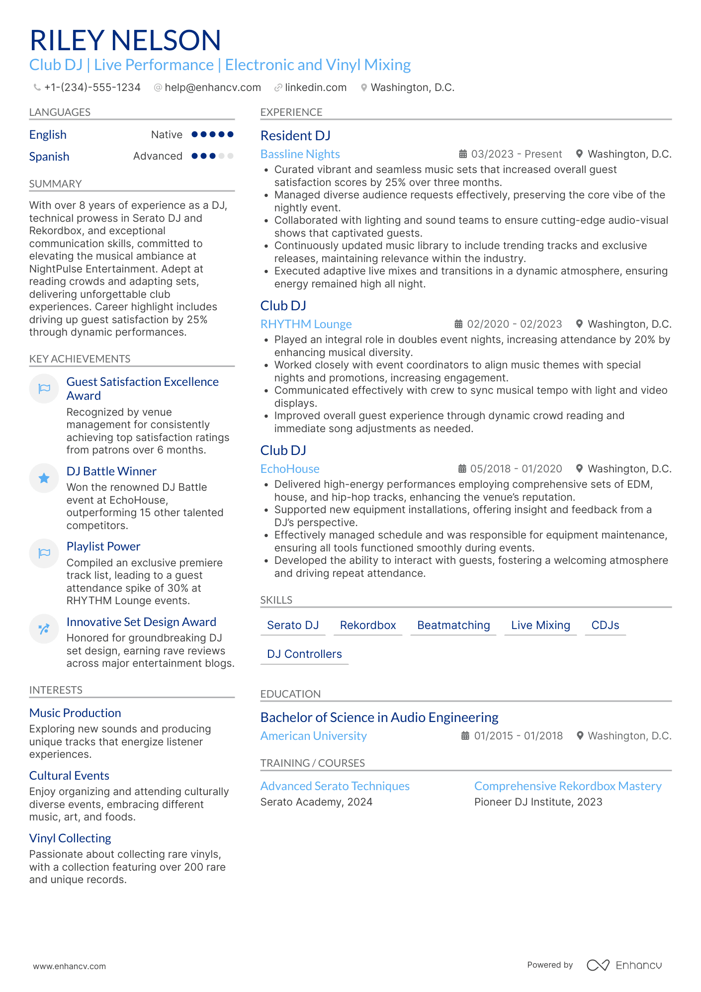 A resume example of a Club DJ