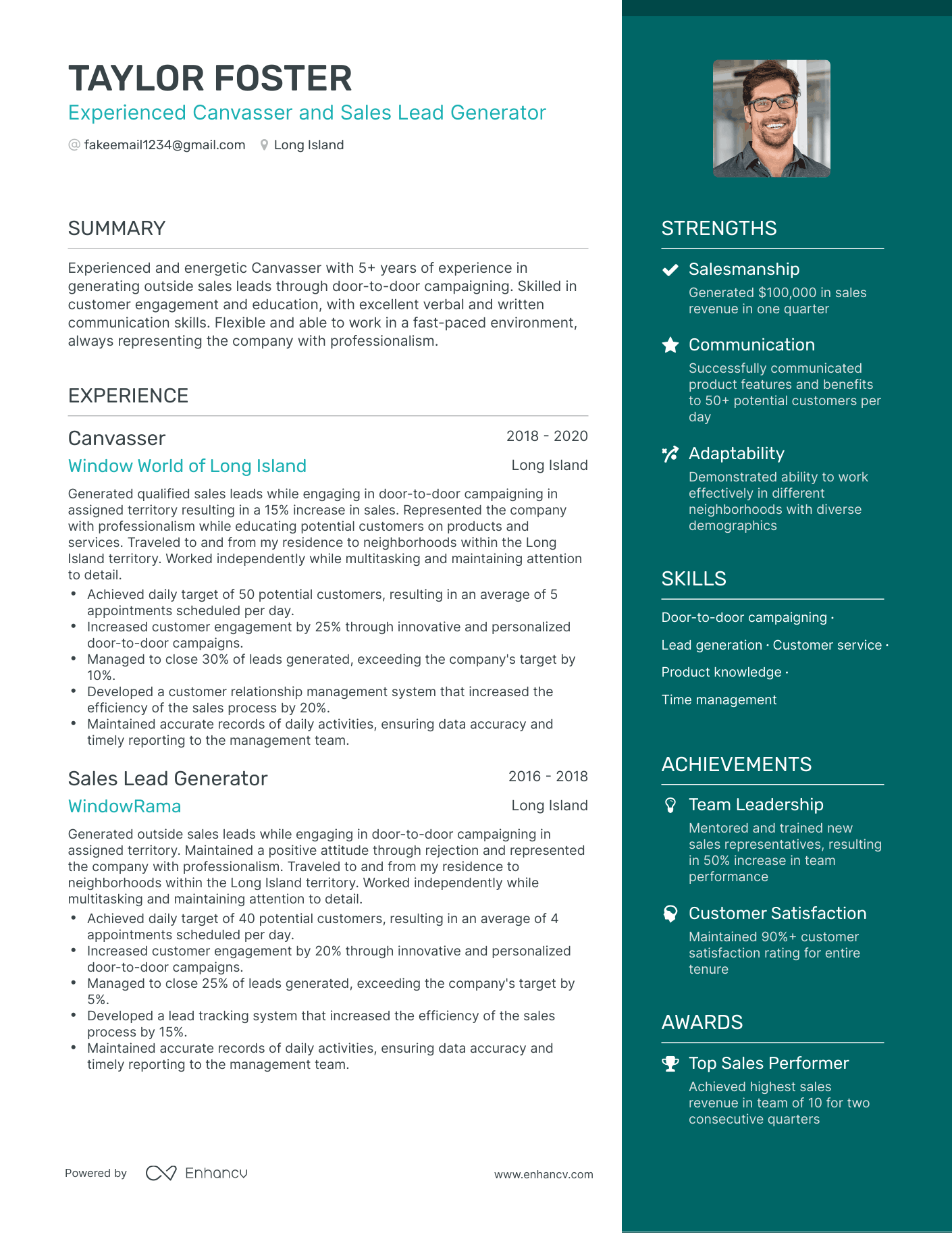 One Page Canvasser Resume Template