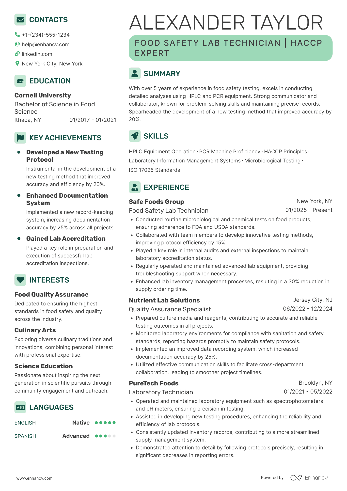 A resume example of a Food Safety Lab Technician