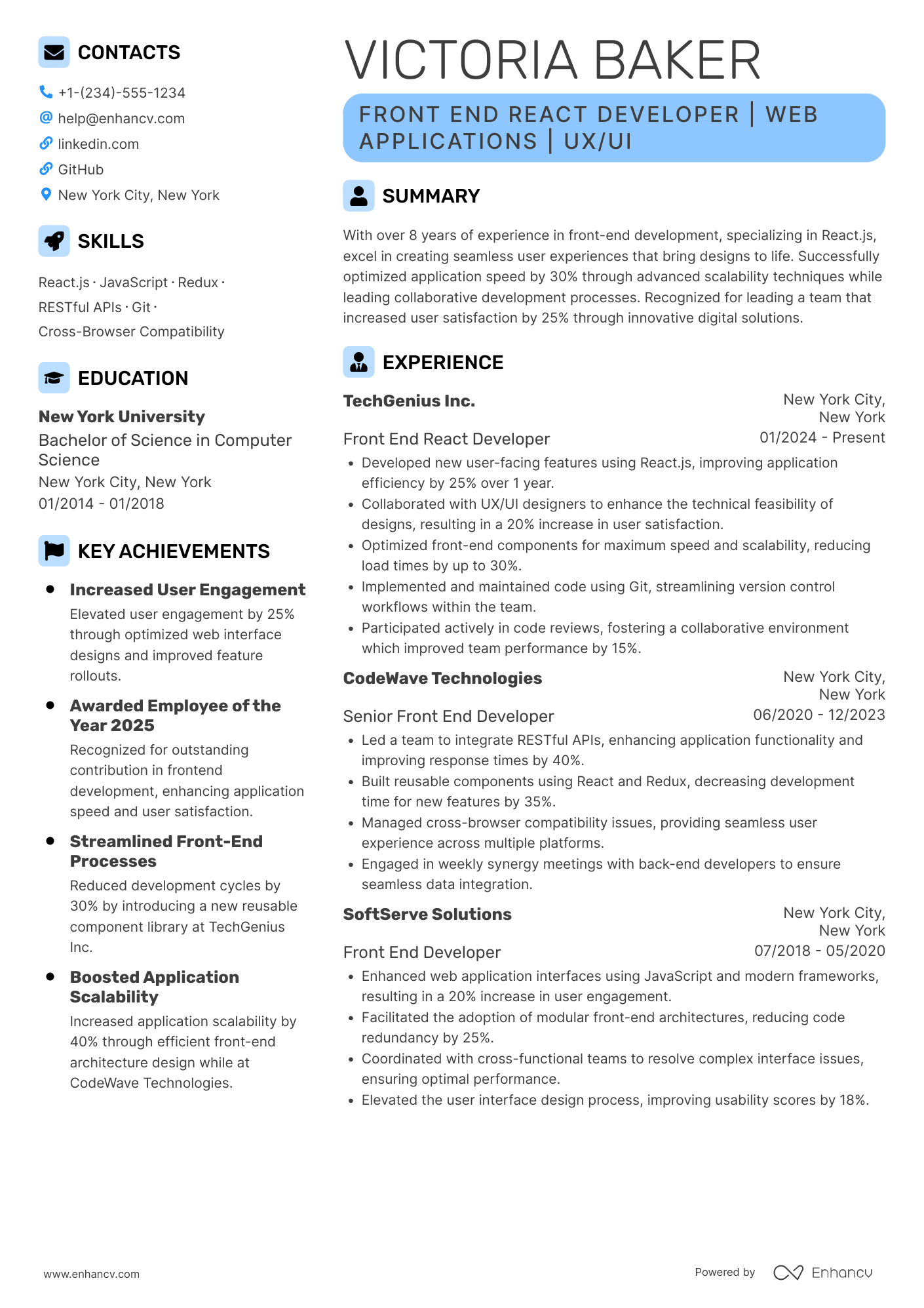 A resume example of a Front End React Developer