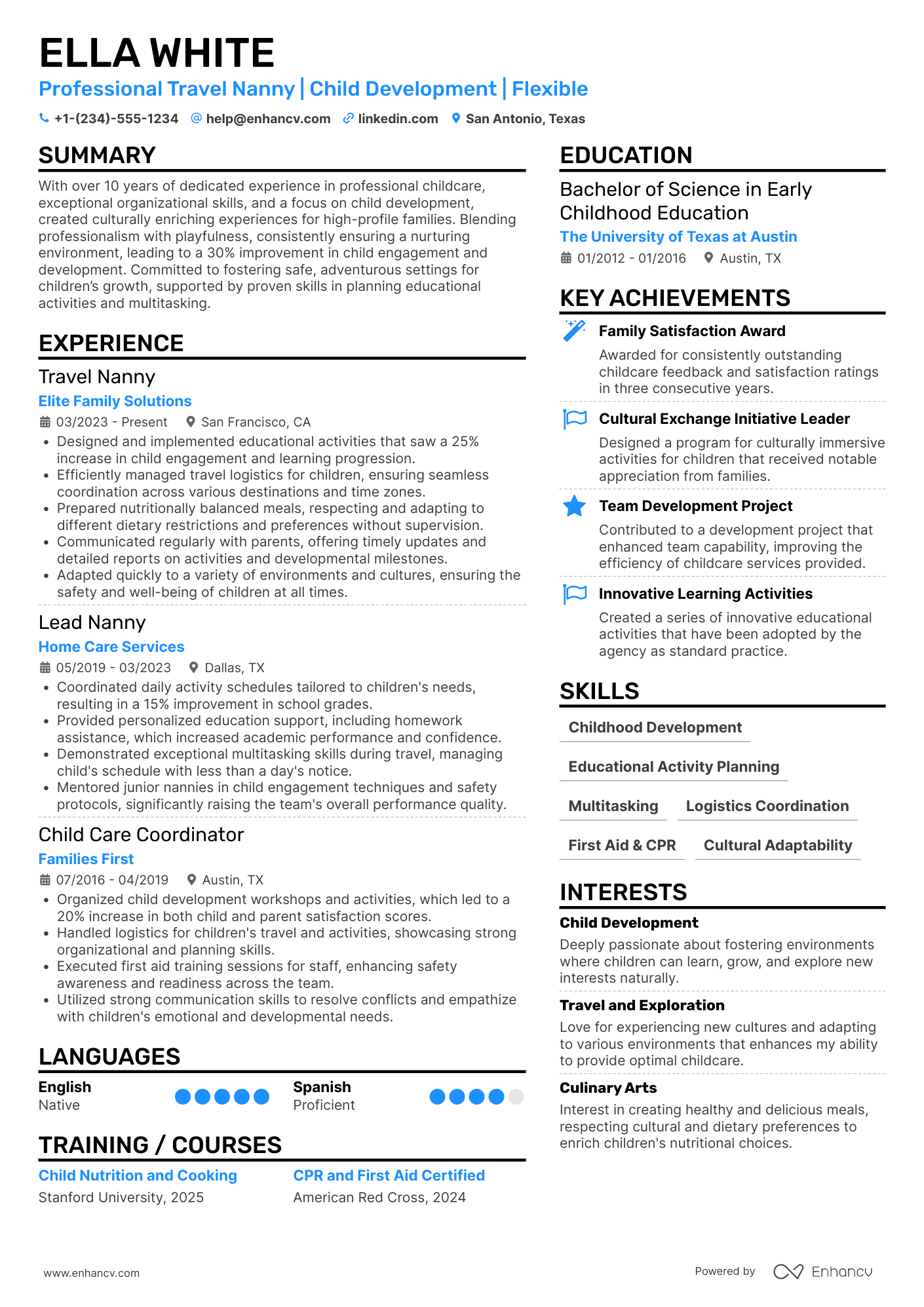 A resume example of a Travel Nanny