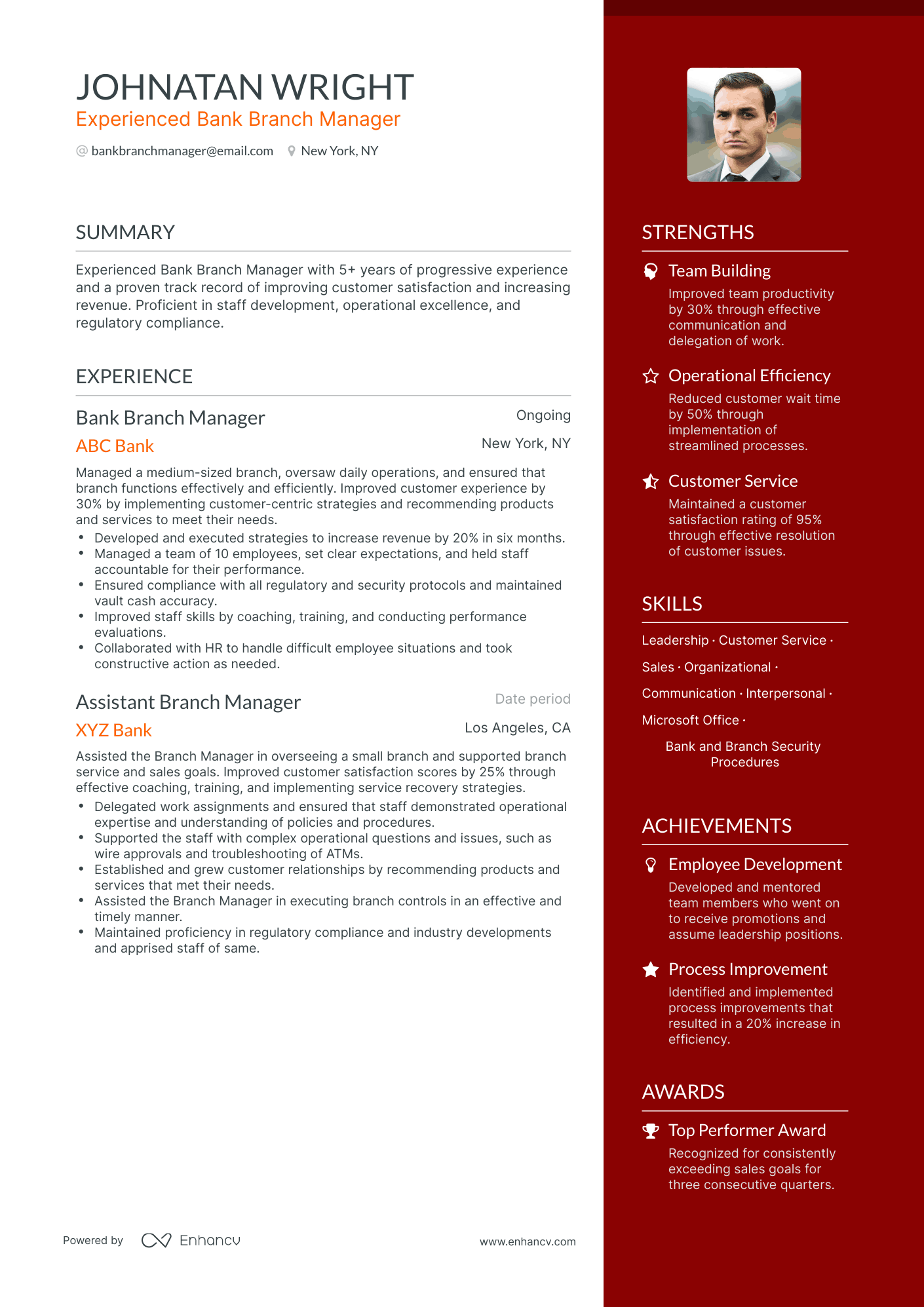One Page Bank Branch Manager Resume Template
