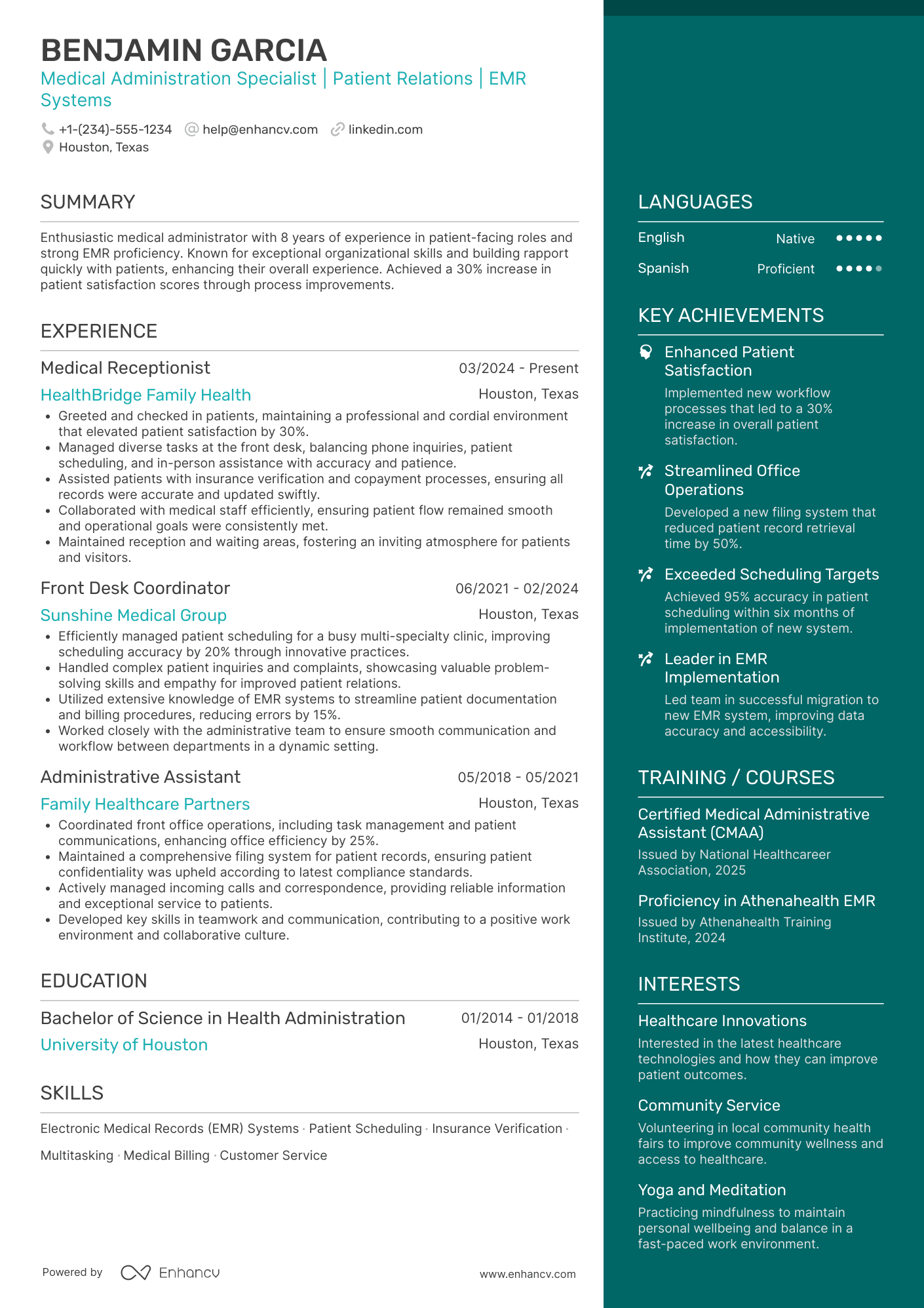 A resume example of a Part Time Medical Receptionist