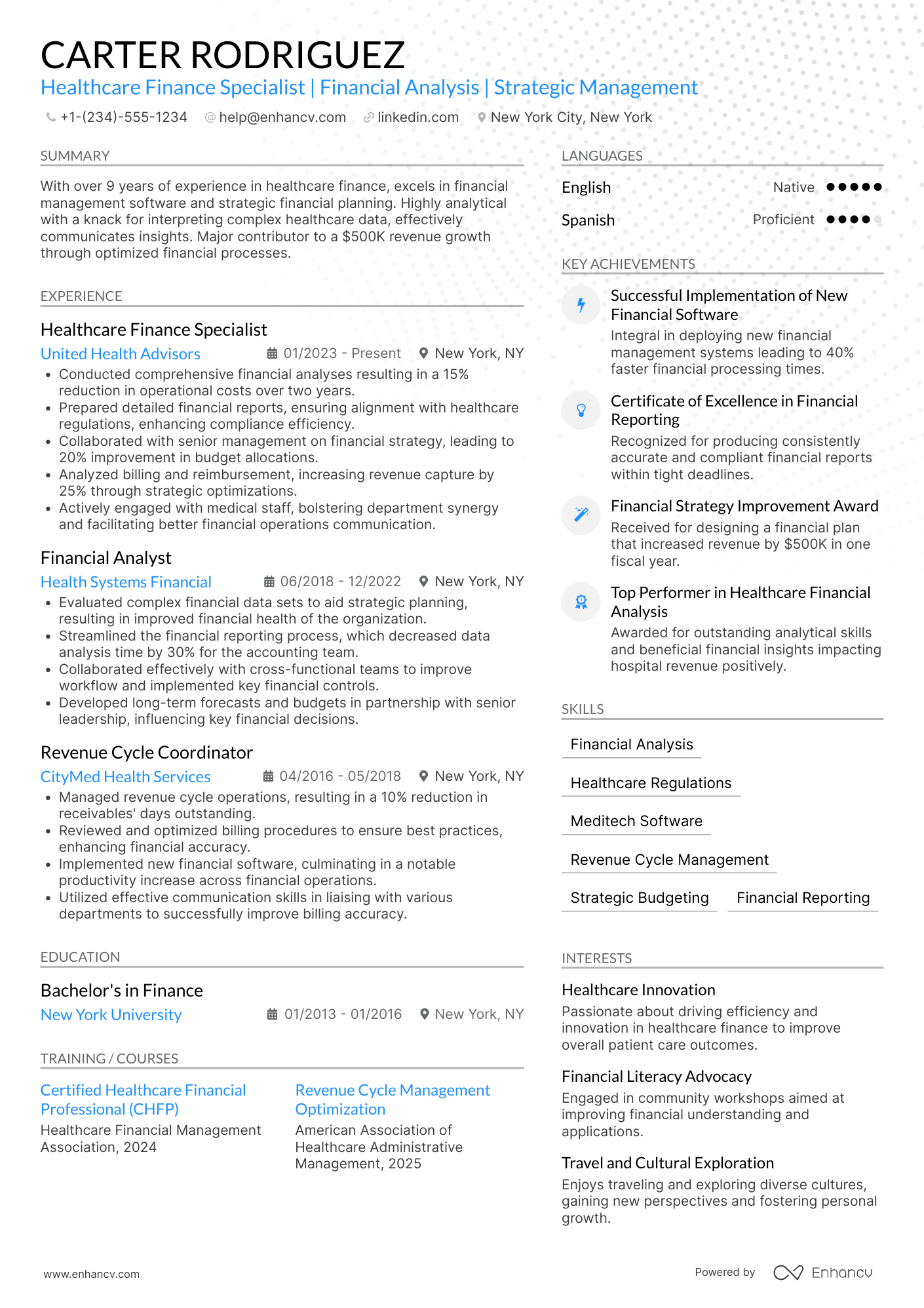 A resume example of a Healthcare Finance Specialist