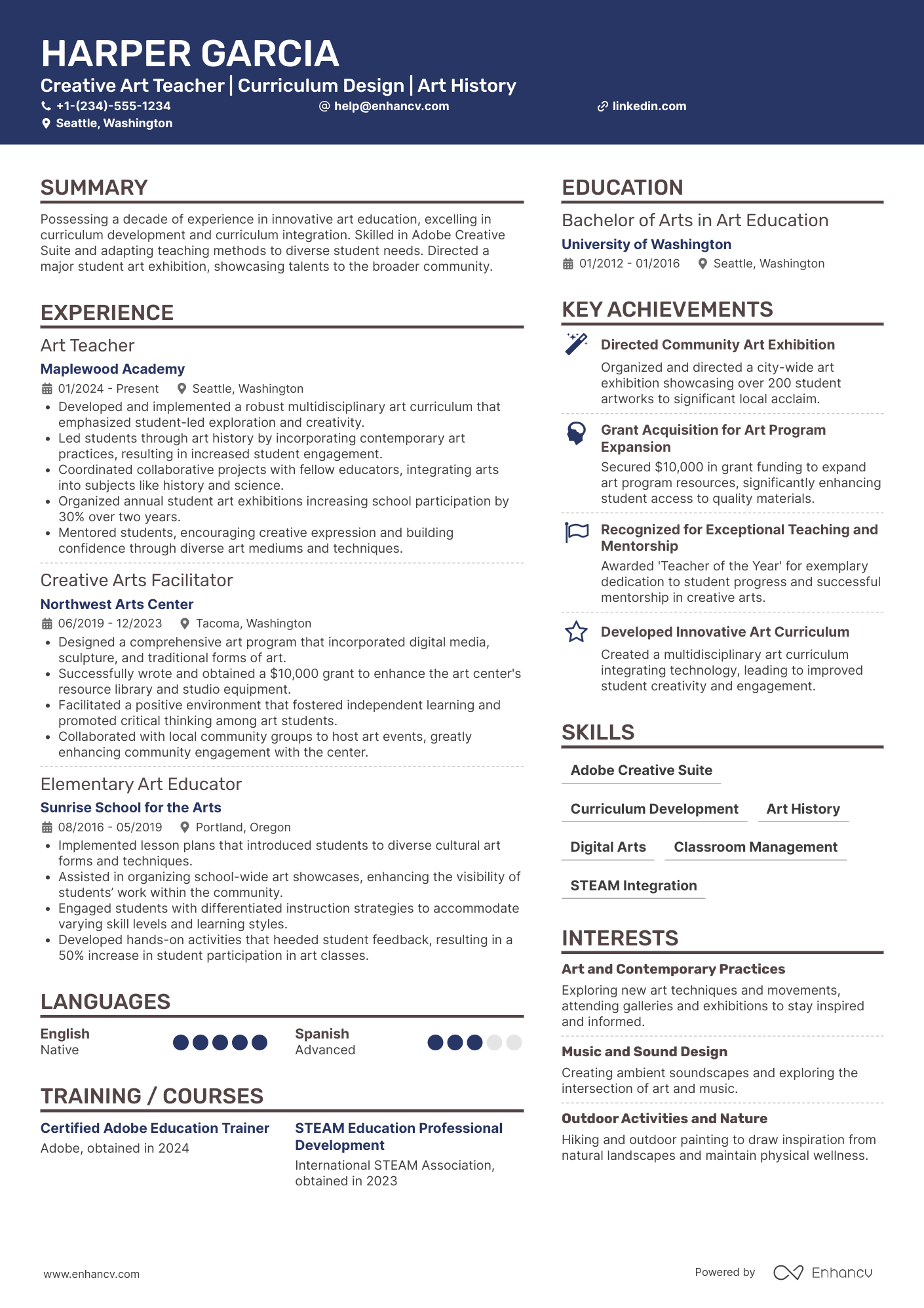 A resume example of a Creative Art Teacher