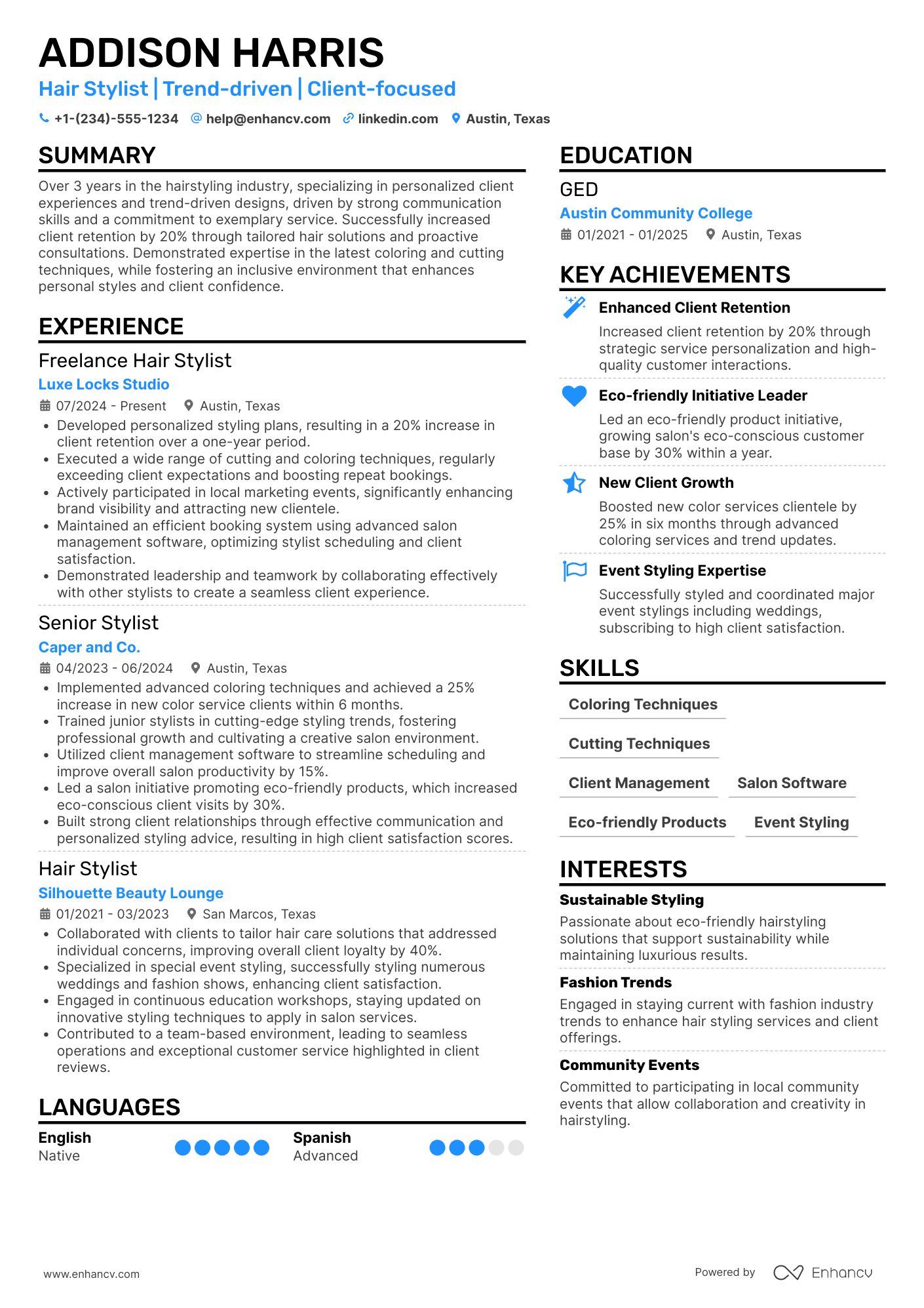 A resume example of a Freelance Hair Stylist