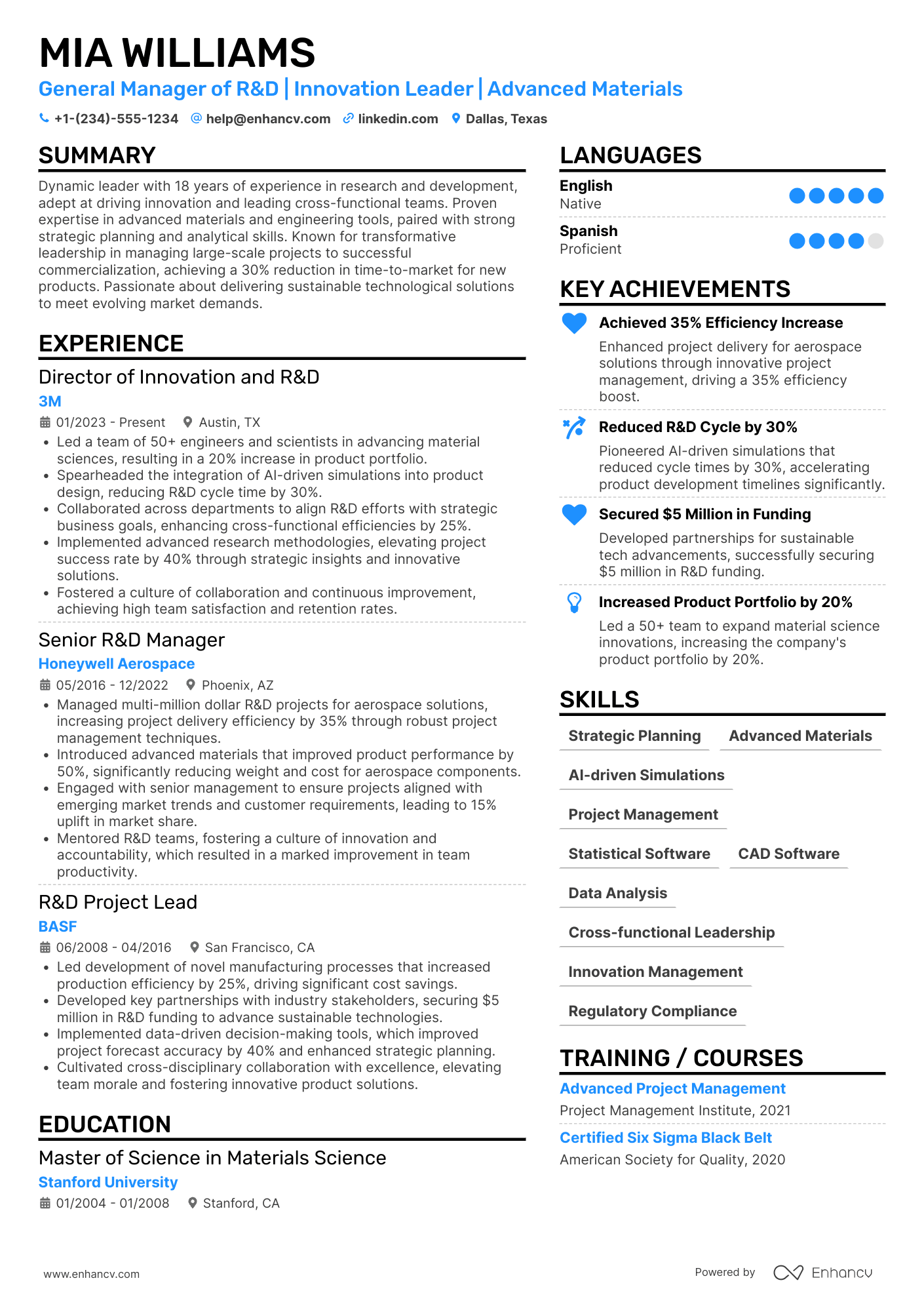 A resume example of a General Manager of Research and Development