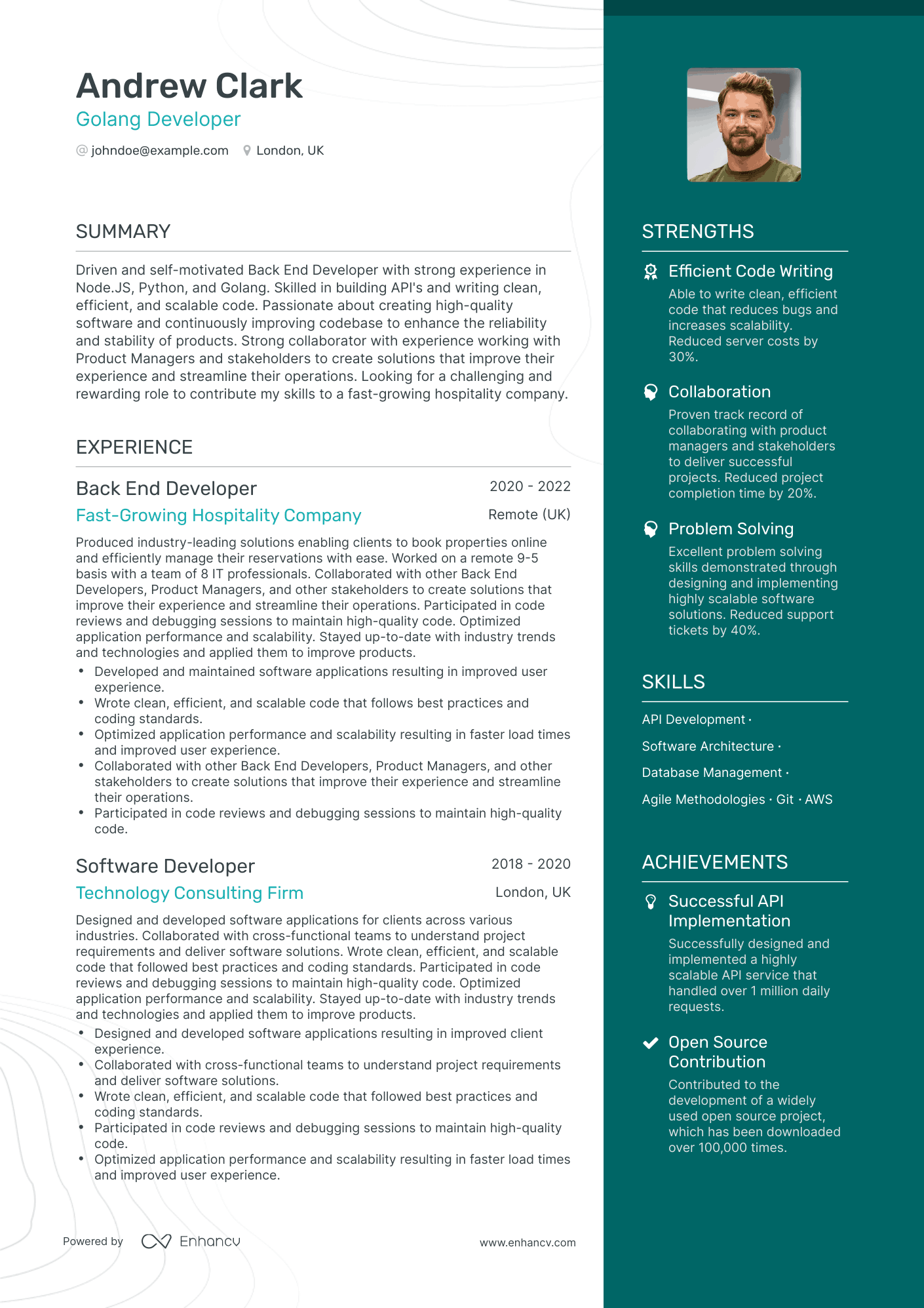One Page Golang Developer Resume Template