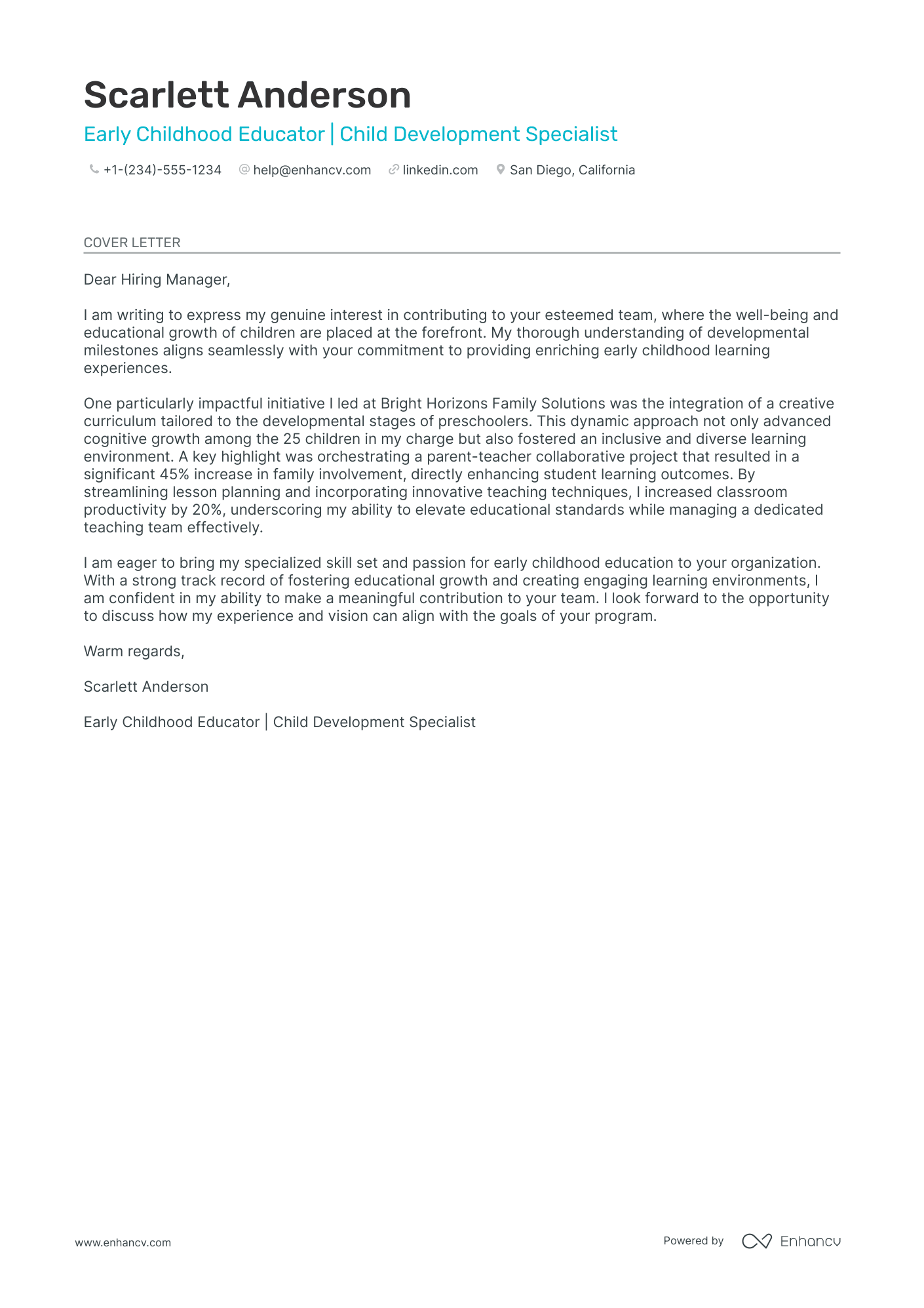 daycare teacher cover letter sample