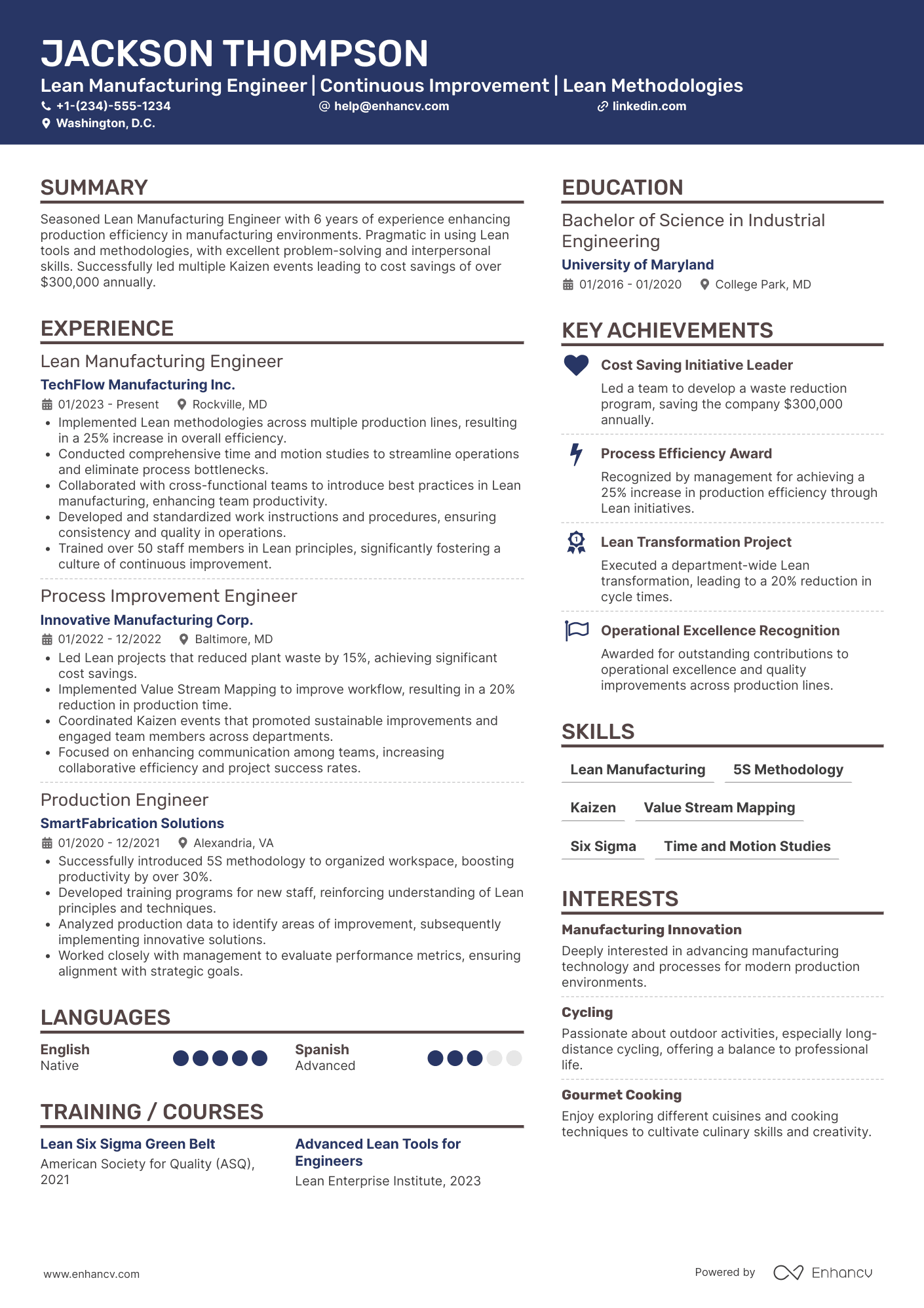 A resume example of a Lean Manufacturing Engineer
