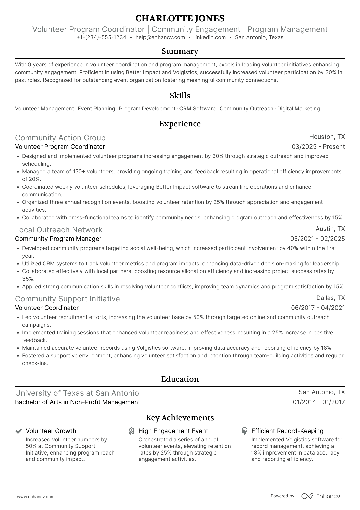A resume example of a Volunteer Program Coordinator