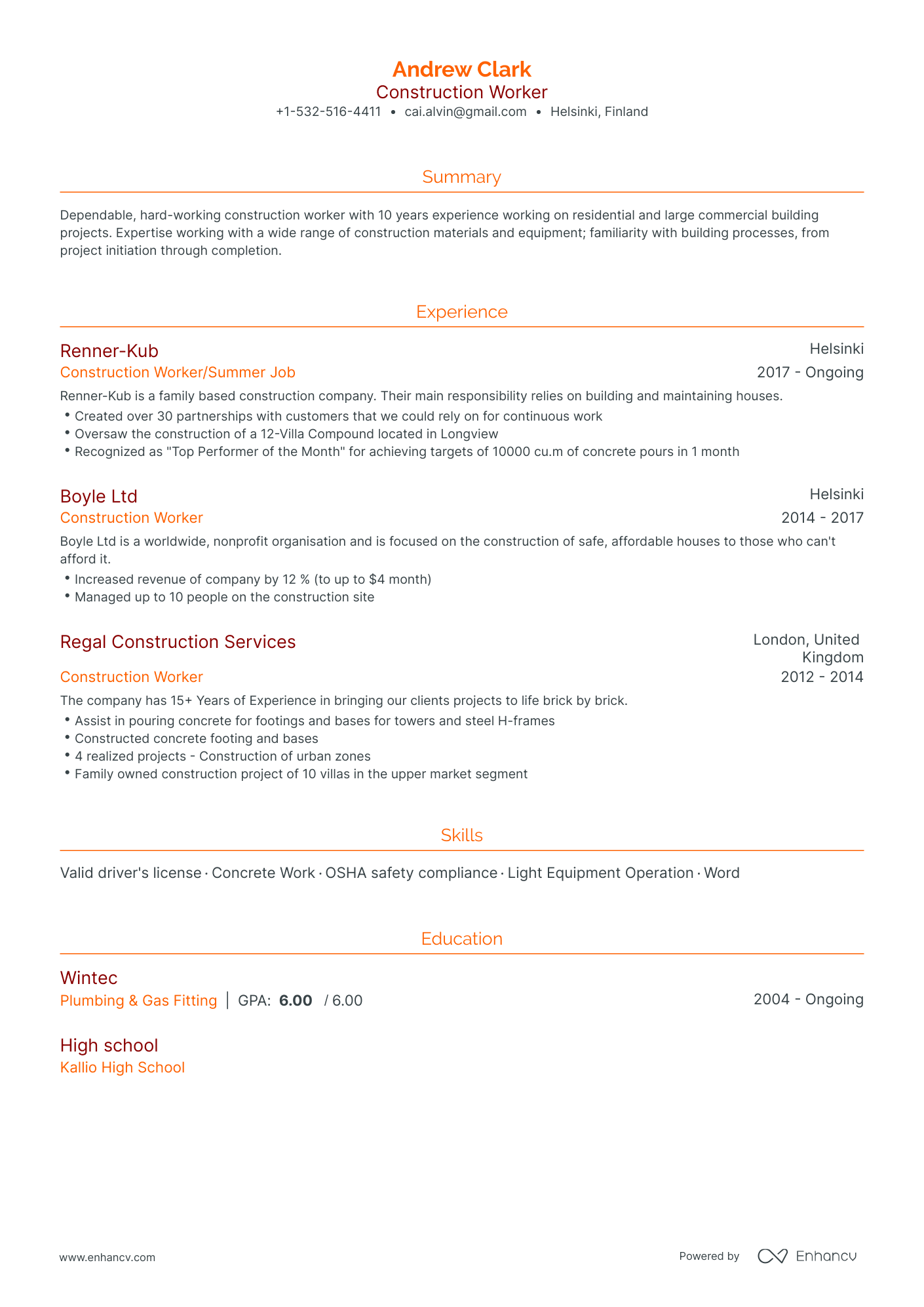 Traditional Construction Worker Resume Template