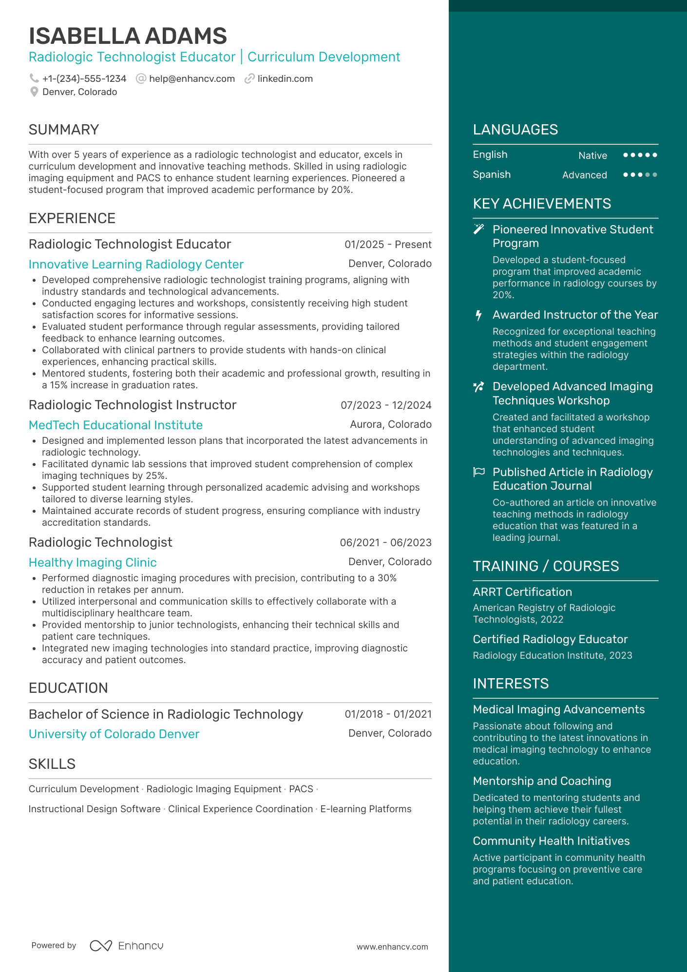A resume example of a Radiologic Technologist Educator