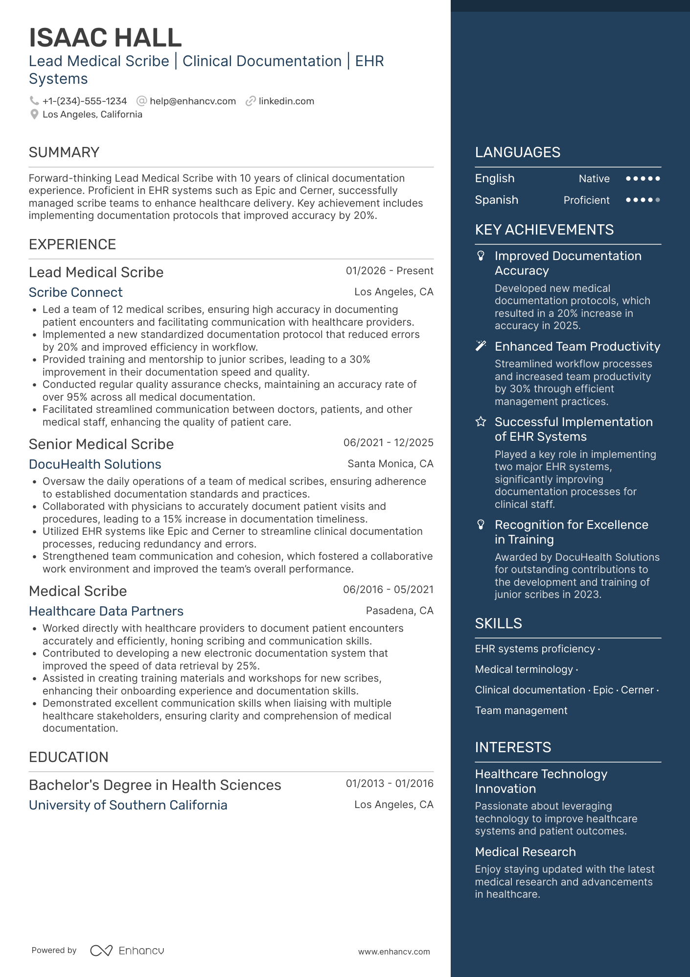 A resume example of a Lead Medical Scribe