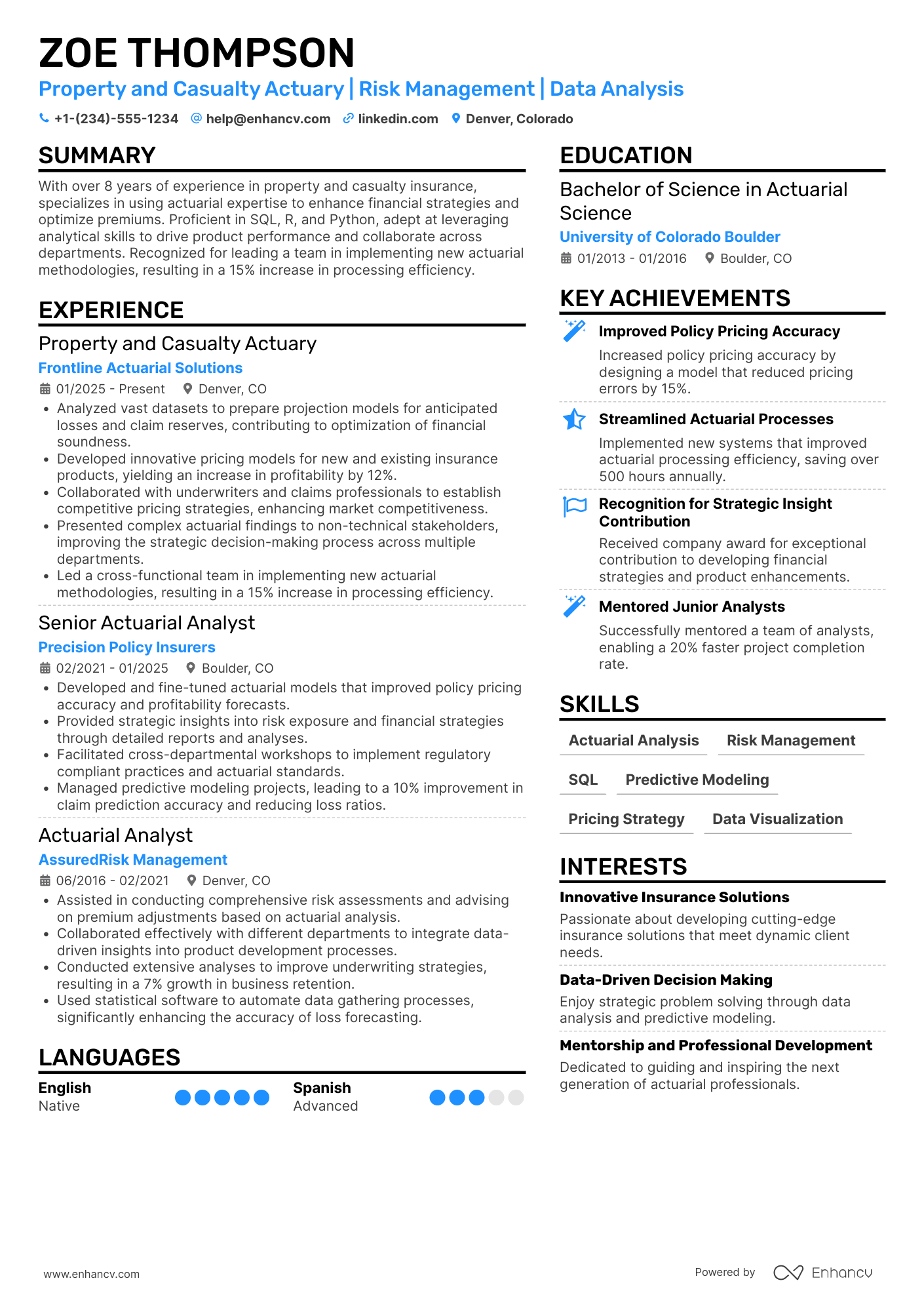 A resume example of a Property and Casualty Actuary