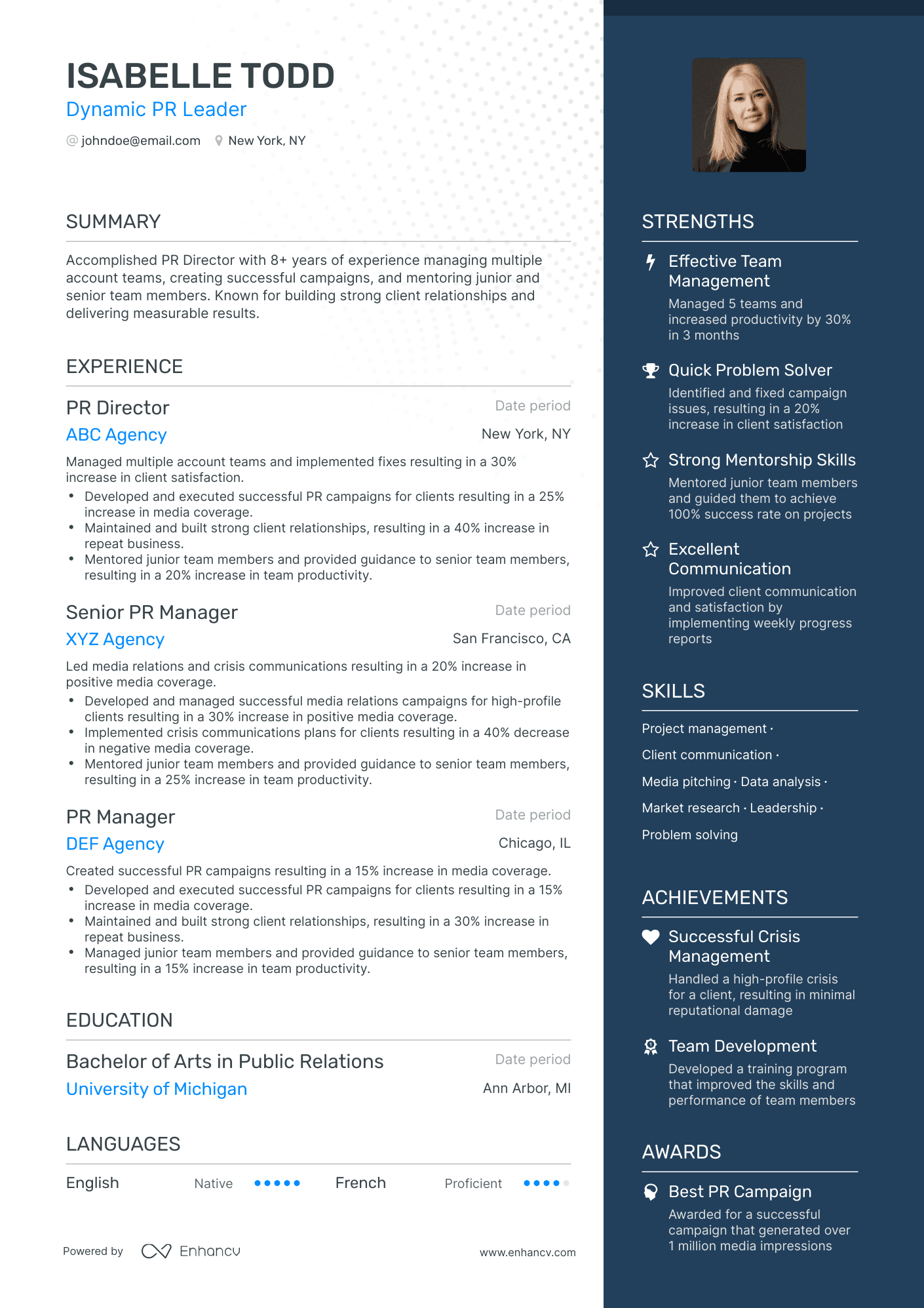 One Page Public Relations Director Resume Template