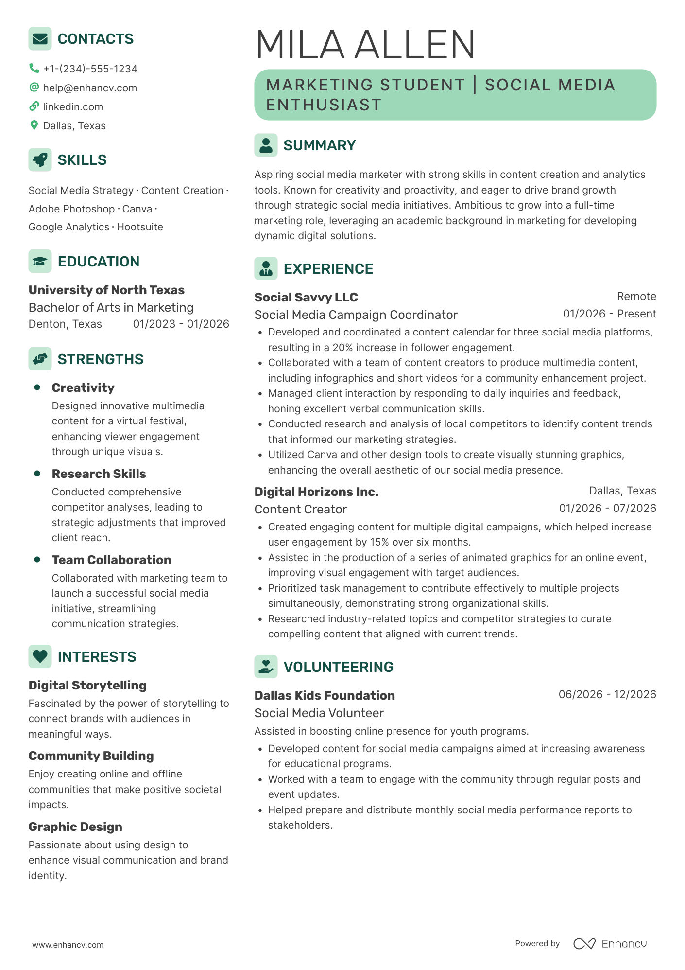 A resume example of a Social Media Marketing Intern