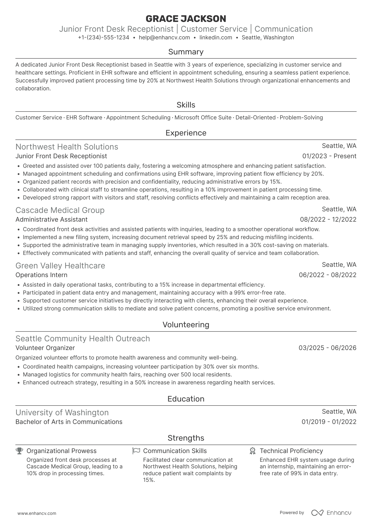 A resume example of a Junior Front Desk Receptionist