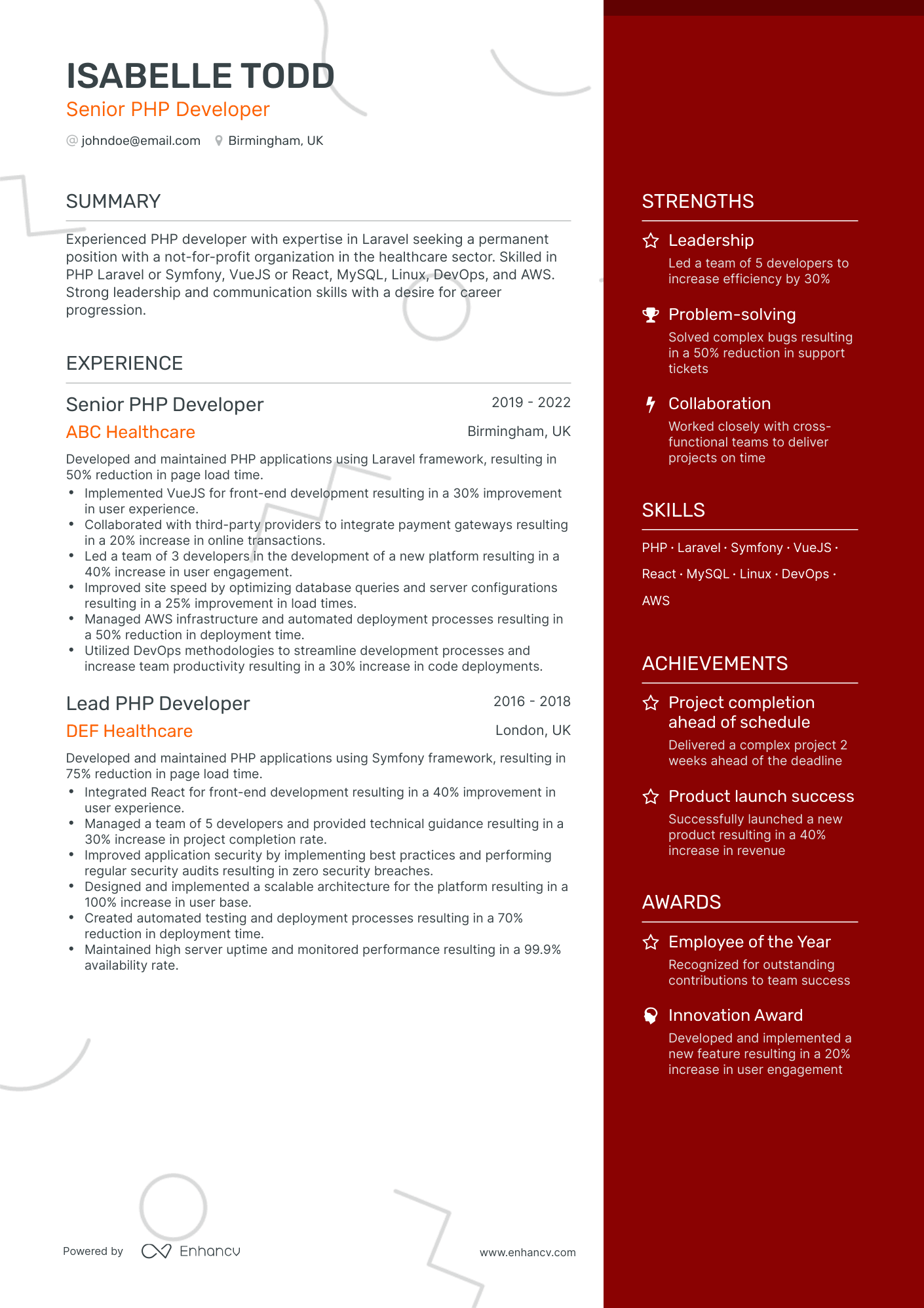 One Page Senior Php Developer Resume Template