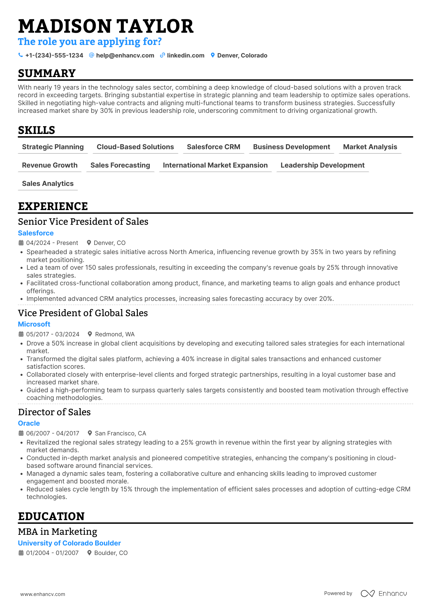A resume example of a Managing Director of Sales