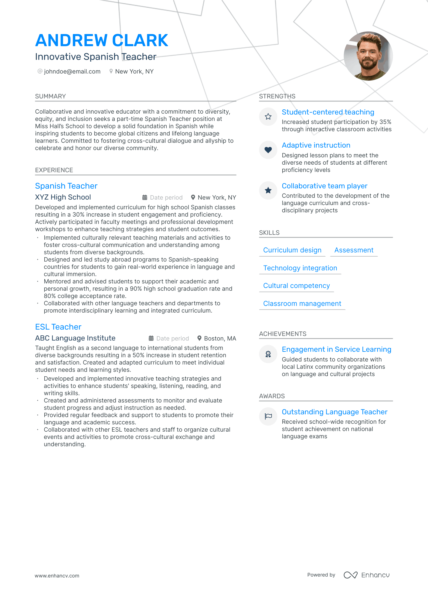 chronological resume sample for teacher