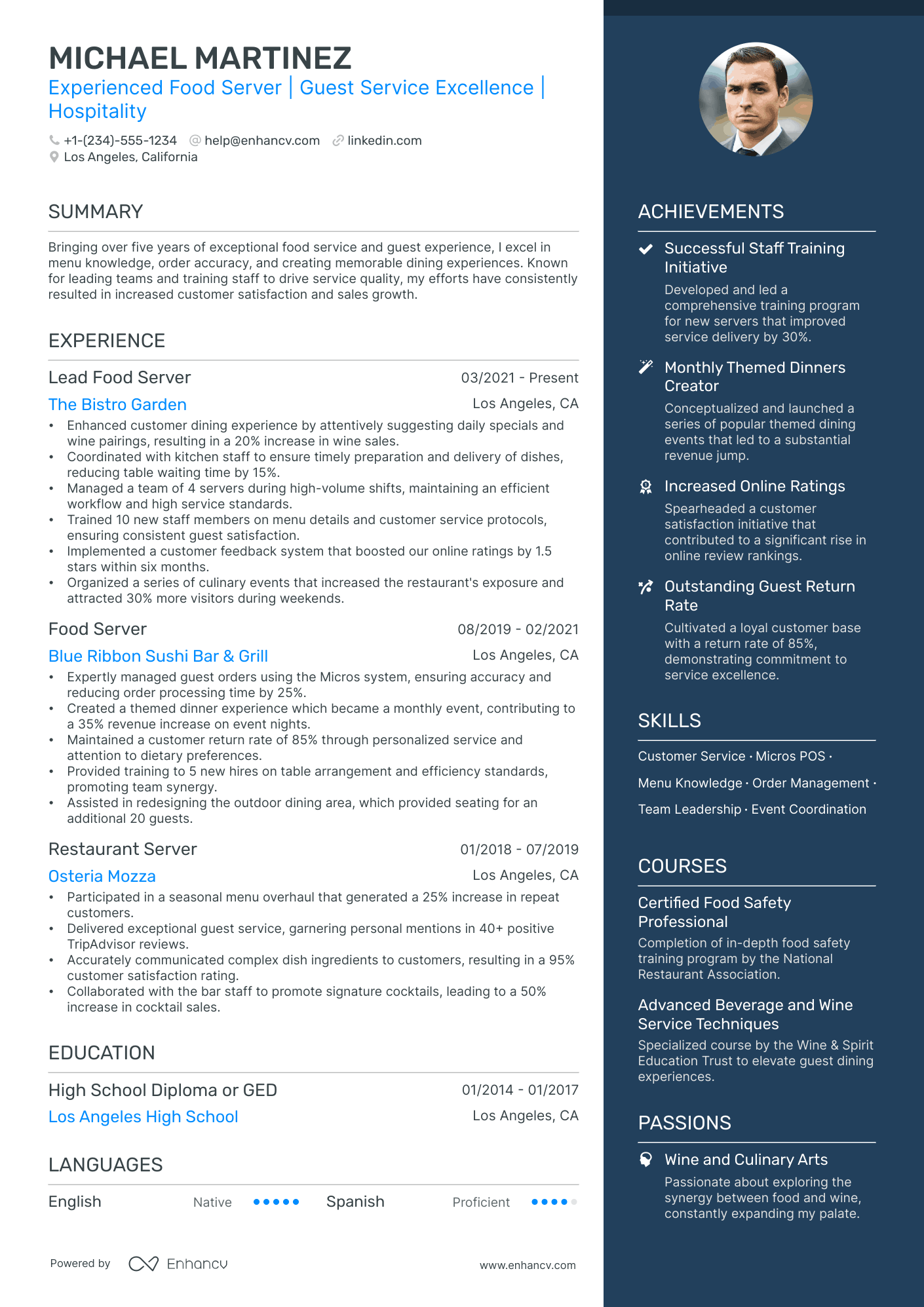 resume for food server position