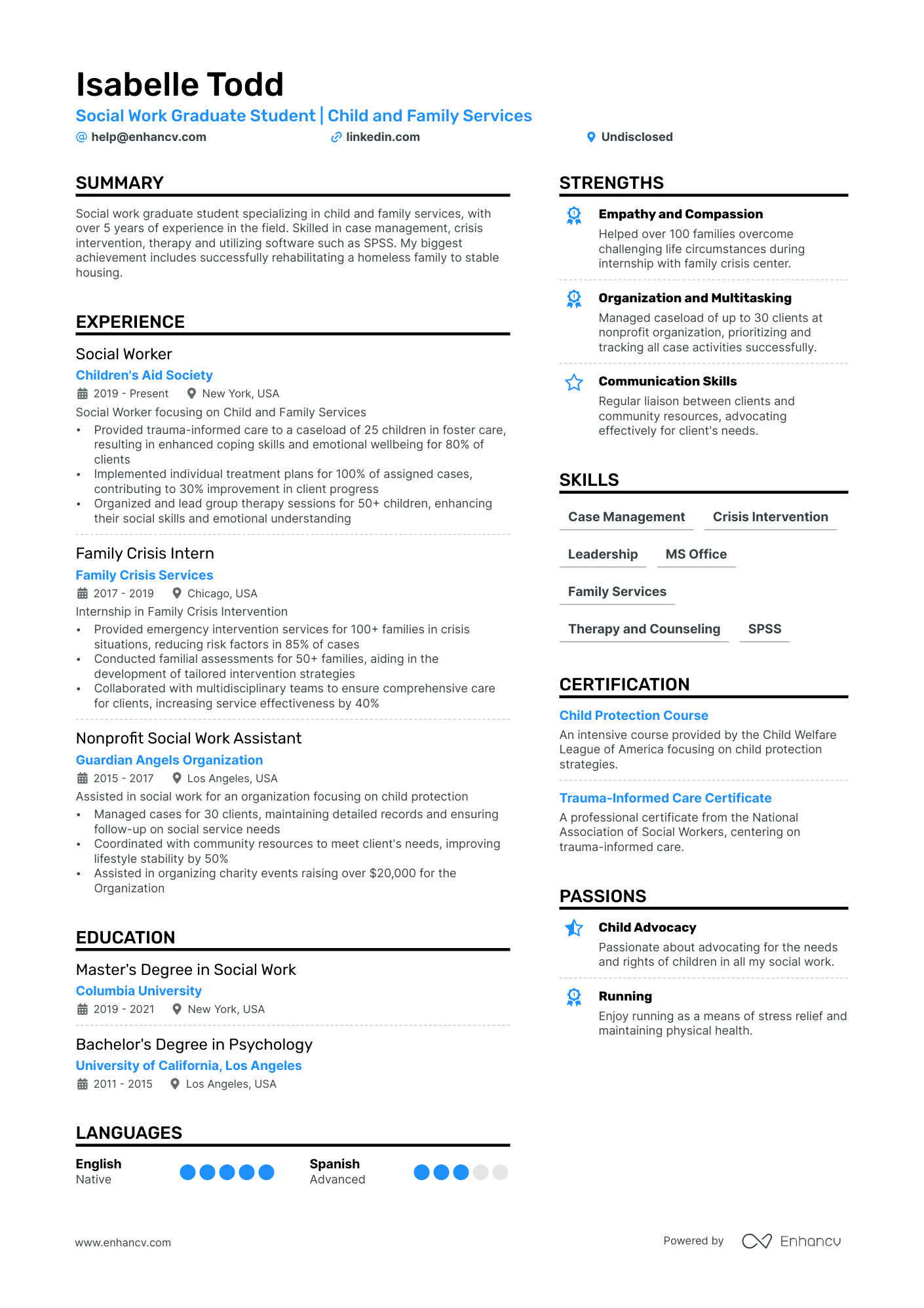 sample of social work resume