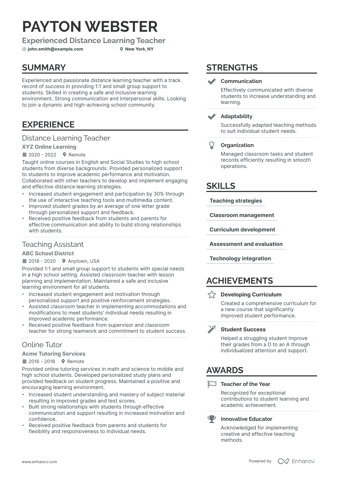 A resume example of a Distance Learning Teacher