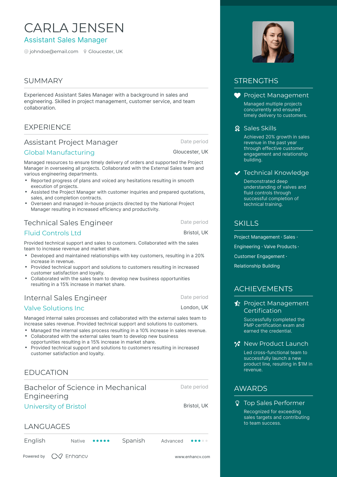 One Page Assistant Sales Manager Resume Template