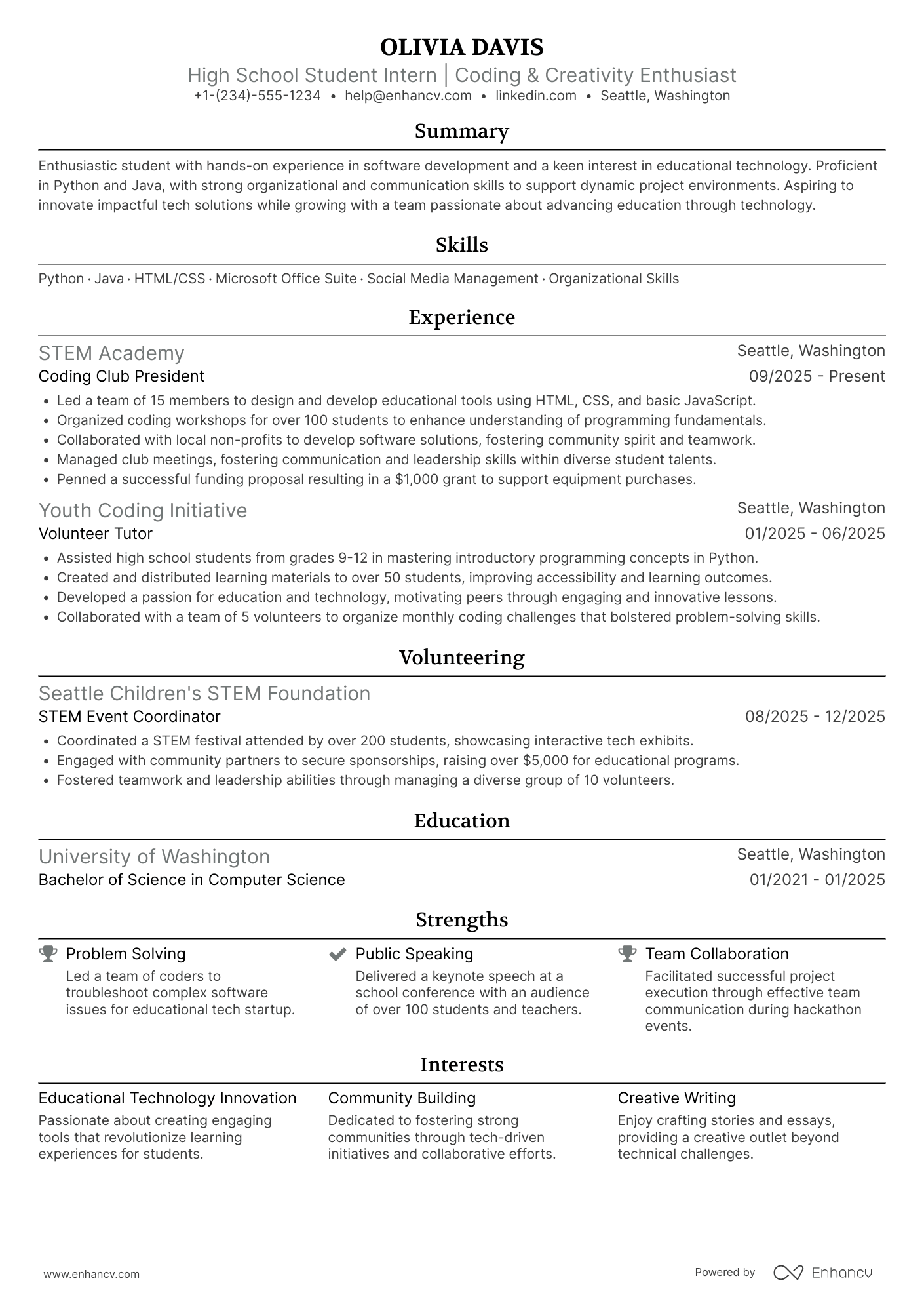 A resume example of a High School Student Internship