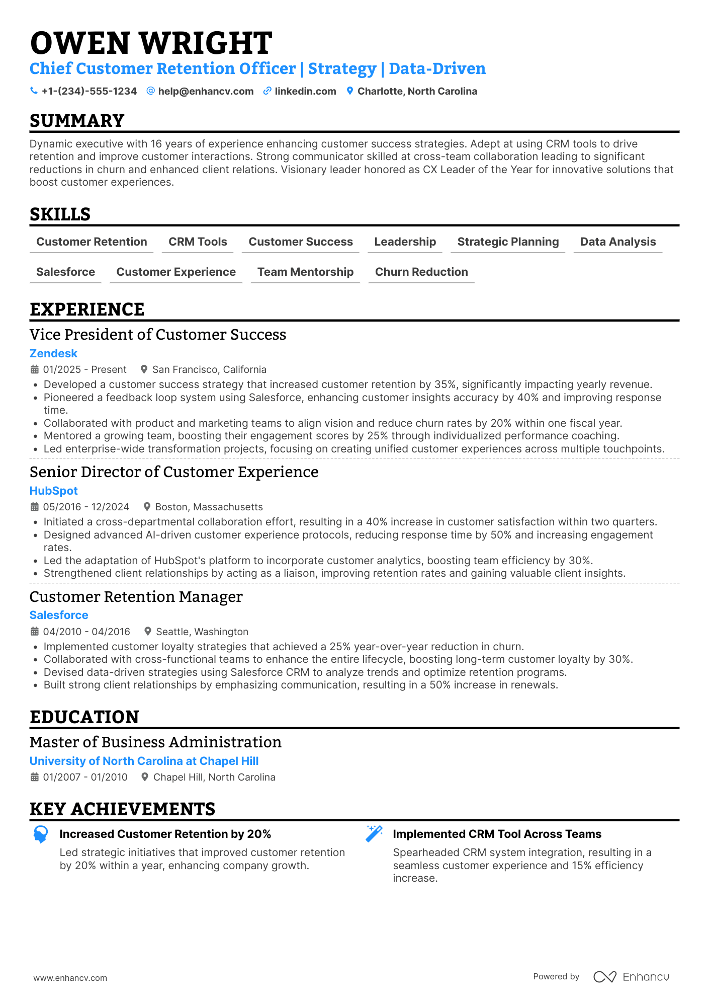 A resume example of a Chief Customer Retention Officer
