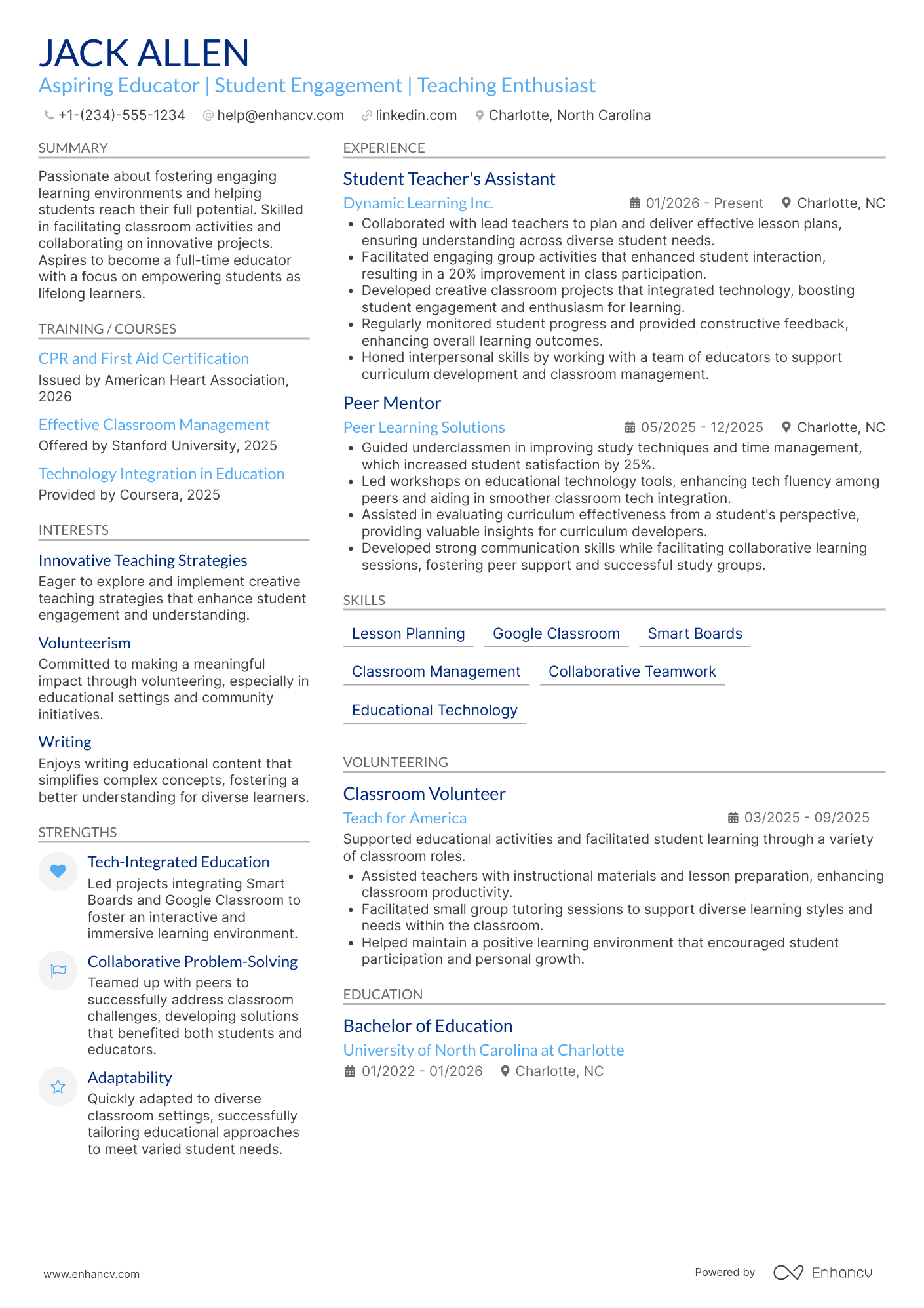 A resume example of a Student Intern Teacher