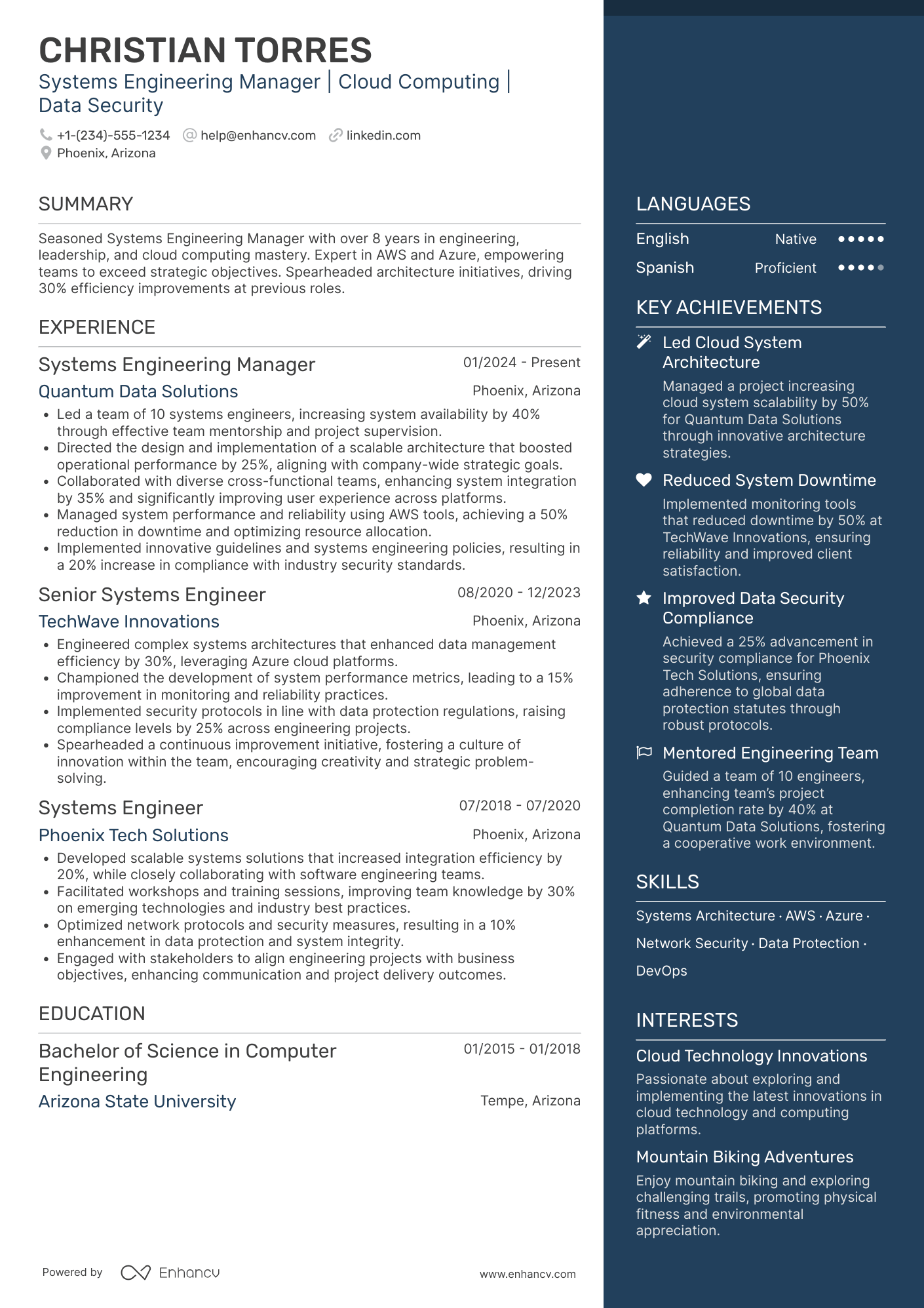 A resume example of a Systems Engineering Manager