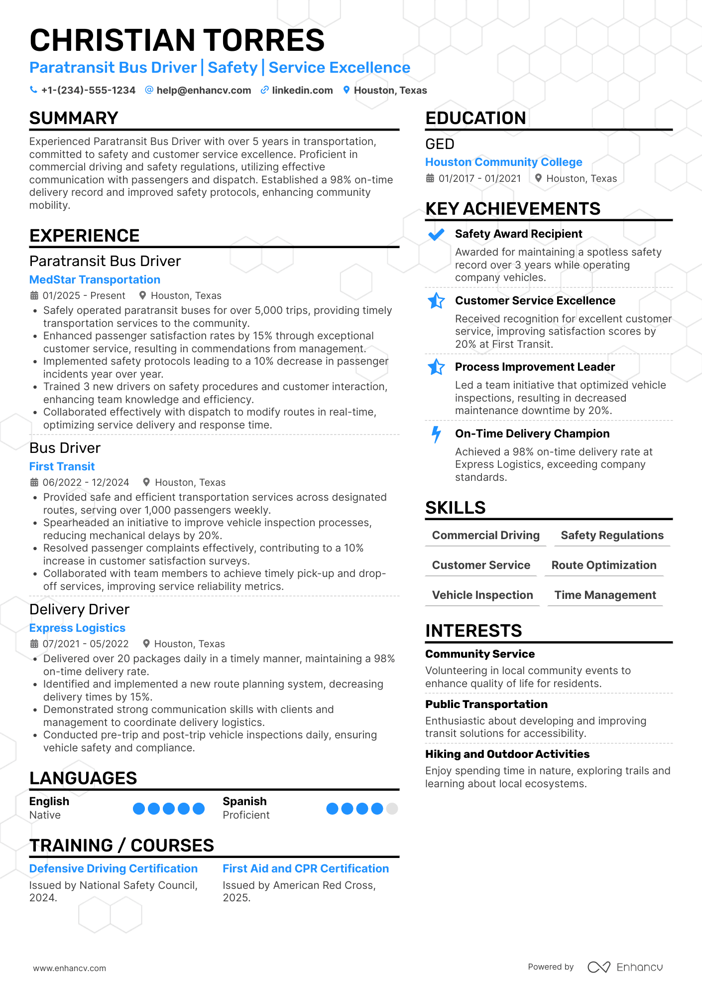 A resume example of a Paratransit Bus Driver