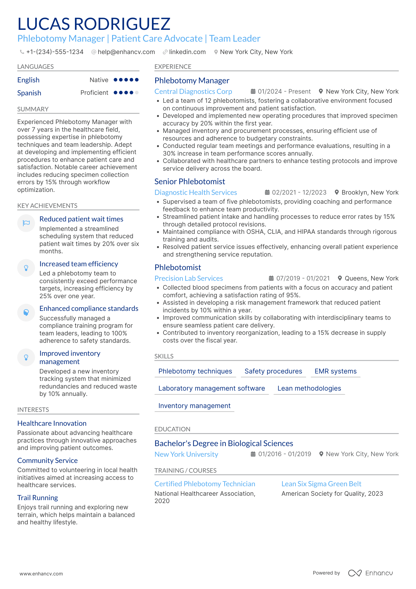 A resume example of a Phlebotomist Manager