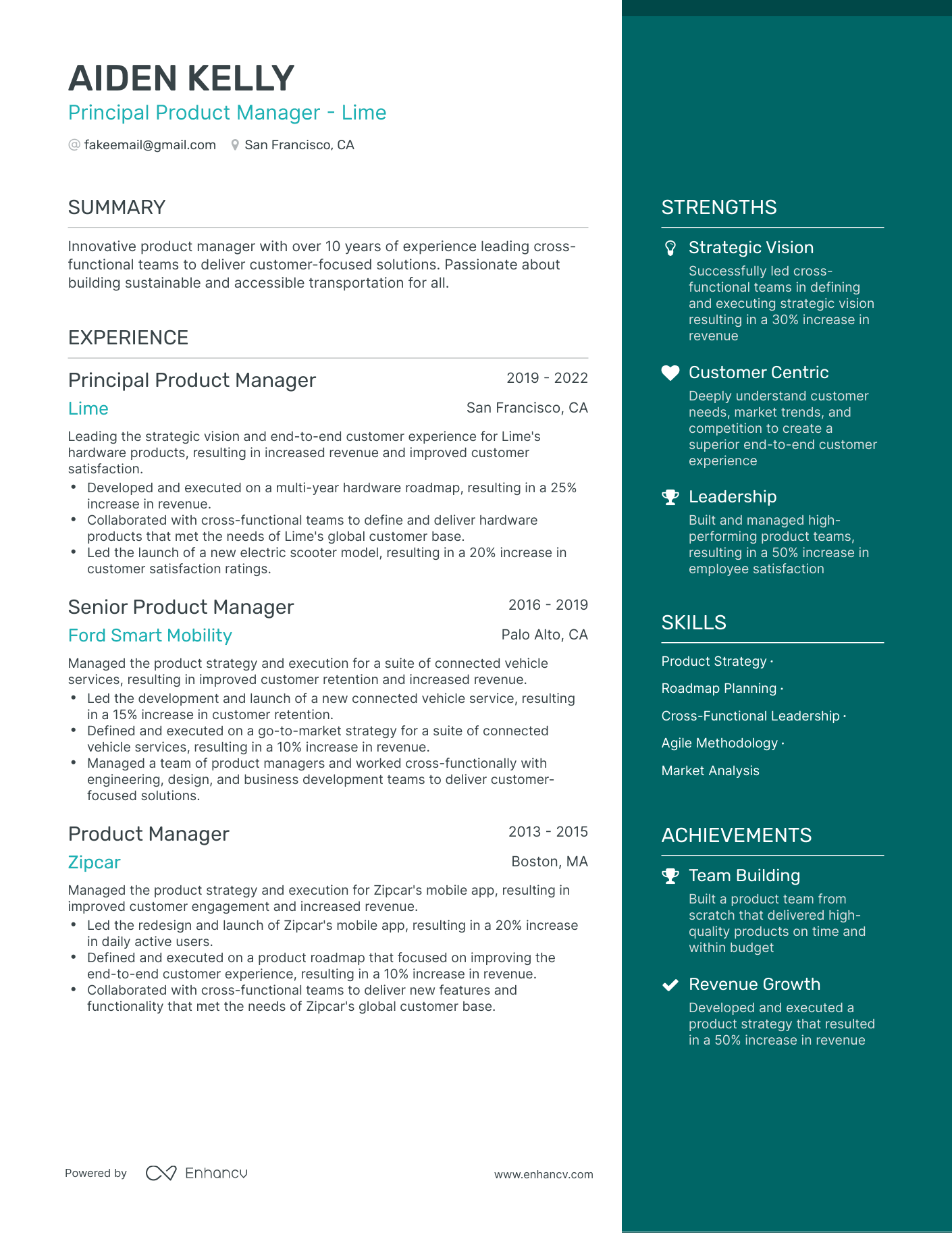 One Page Principal Product Manager Resume Template